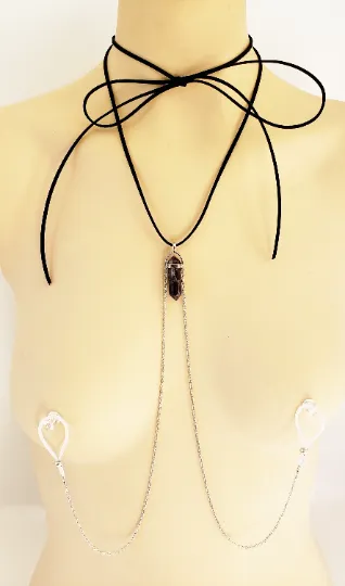 Adjustable Black Leather Crystal Necklace With Attached Nipple Nooses