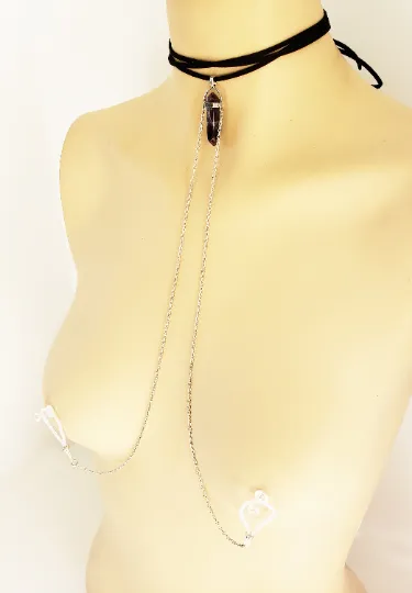 Adjustable Black Leather Crystal Necklace With Attached Nipple Nooses