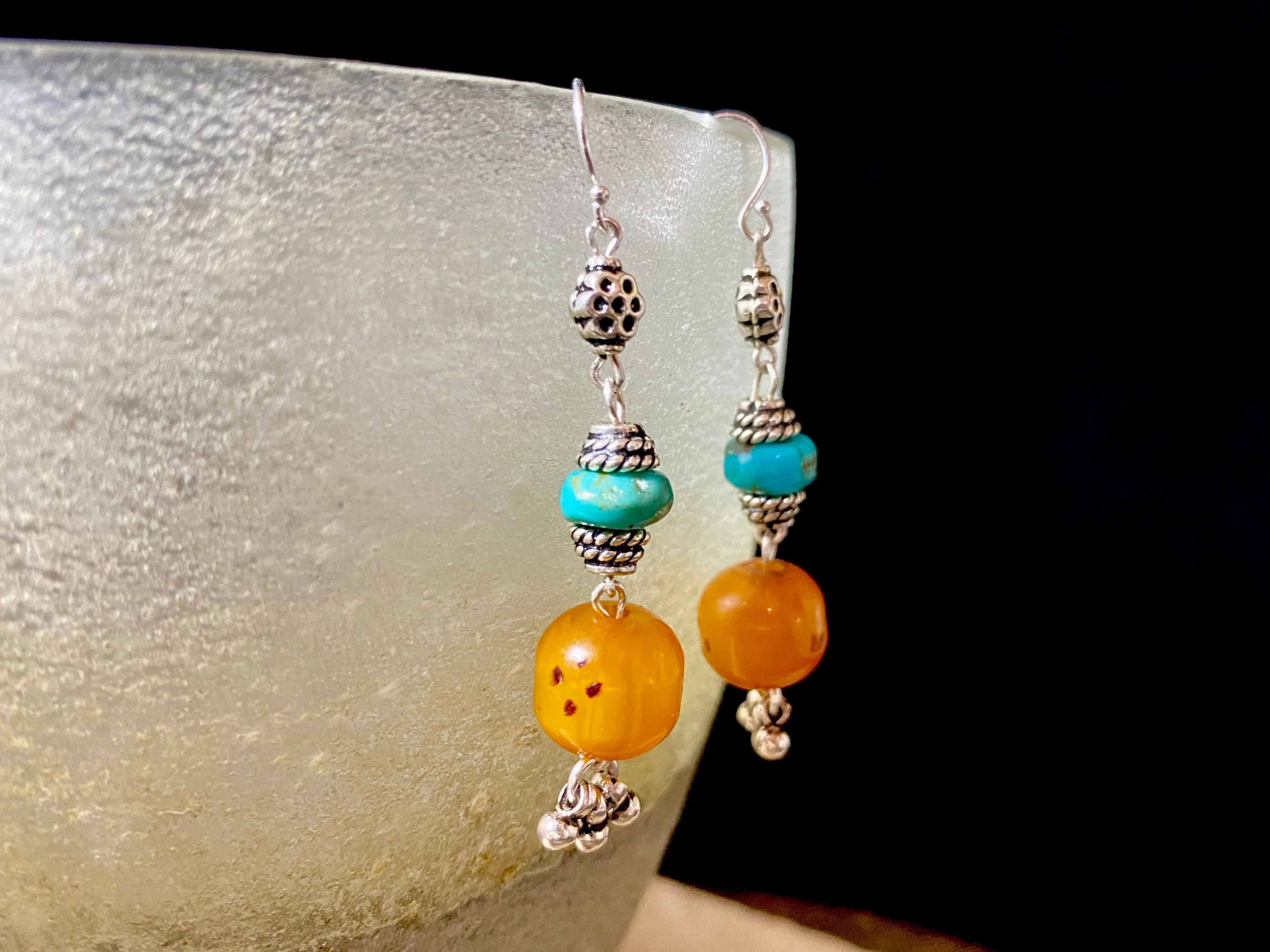 Afghani Prayer Bead Amber & Turquoise Earrings