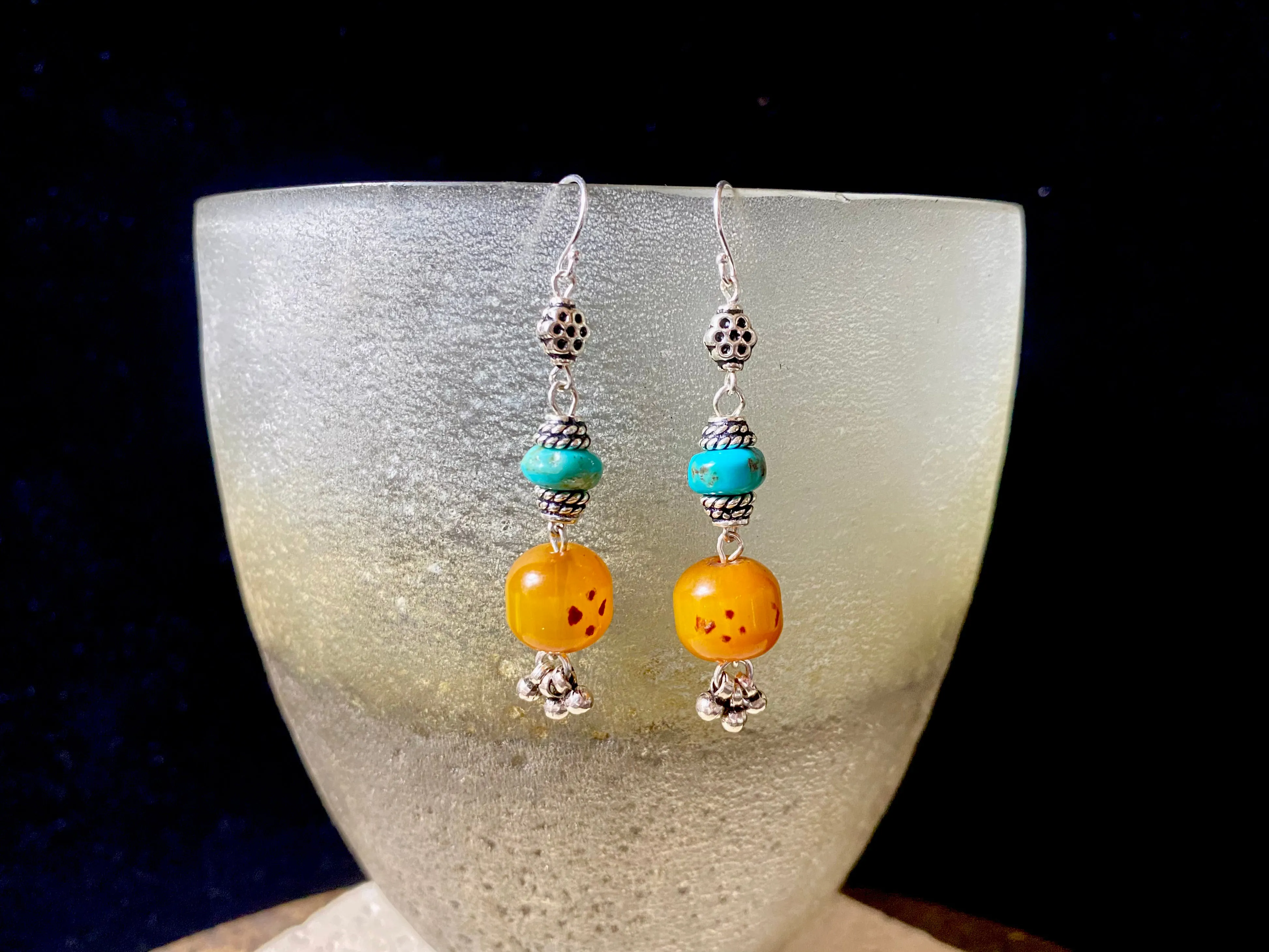 Afghani Prayer Bead Amber & Turquoise Earrings