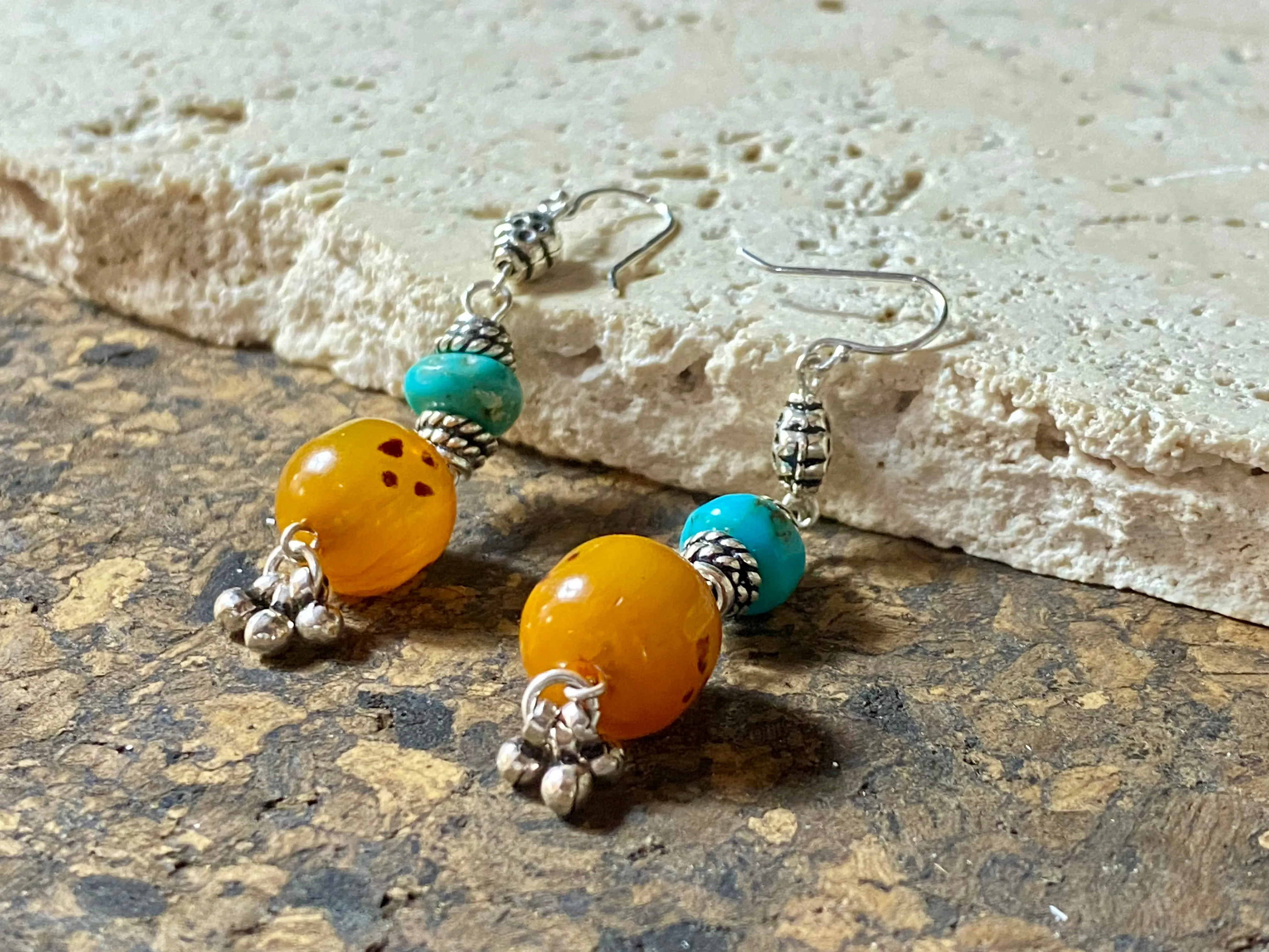 Afghani Prayer Bead Amber & Turquoise Earrings