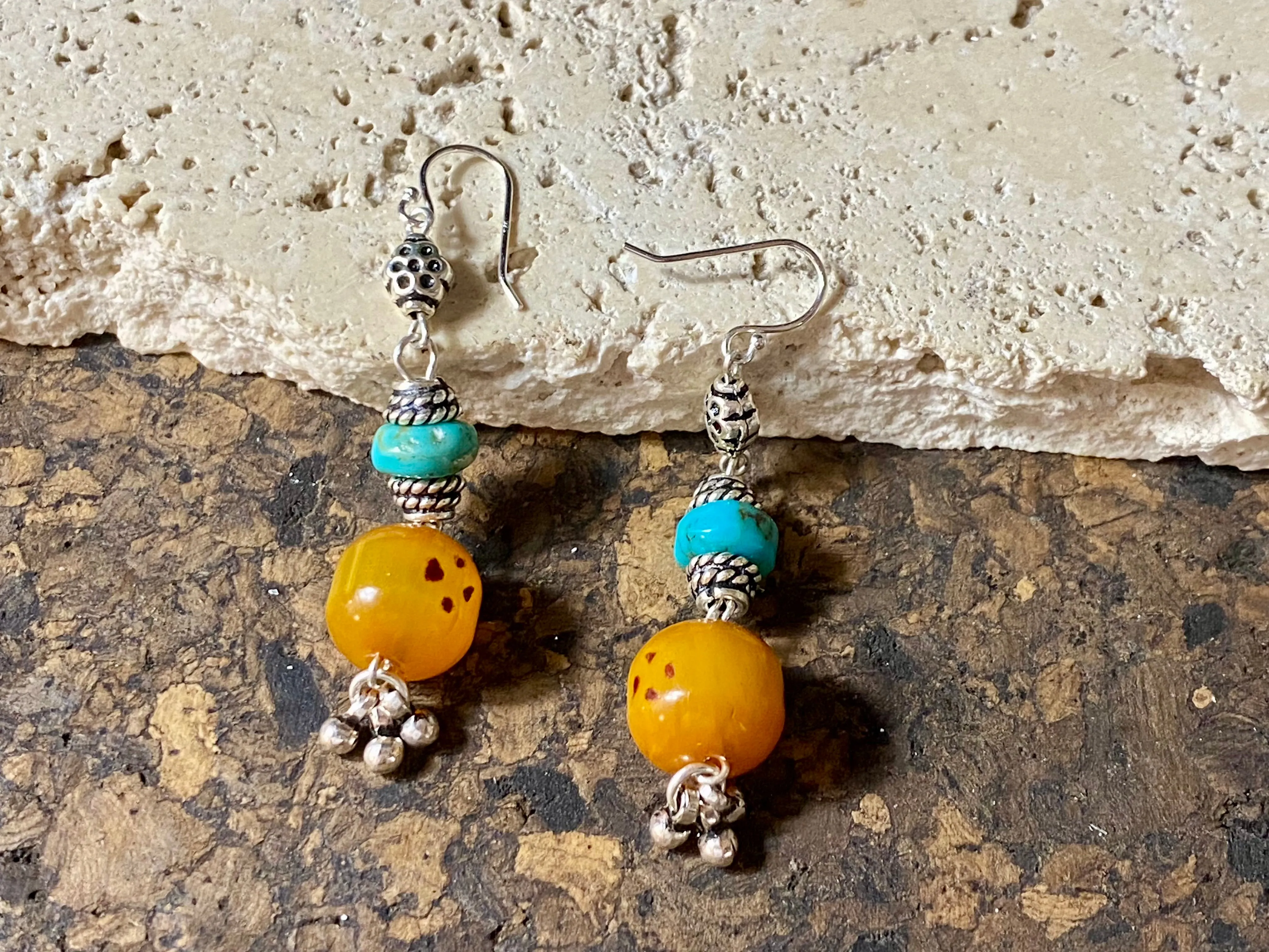 Afghani Prayer Bead Amber & Turquoise Earrings