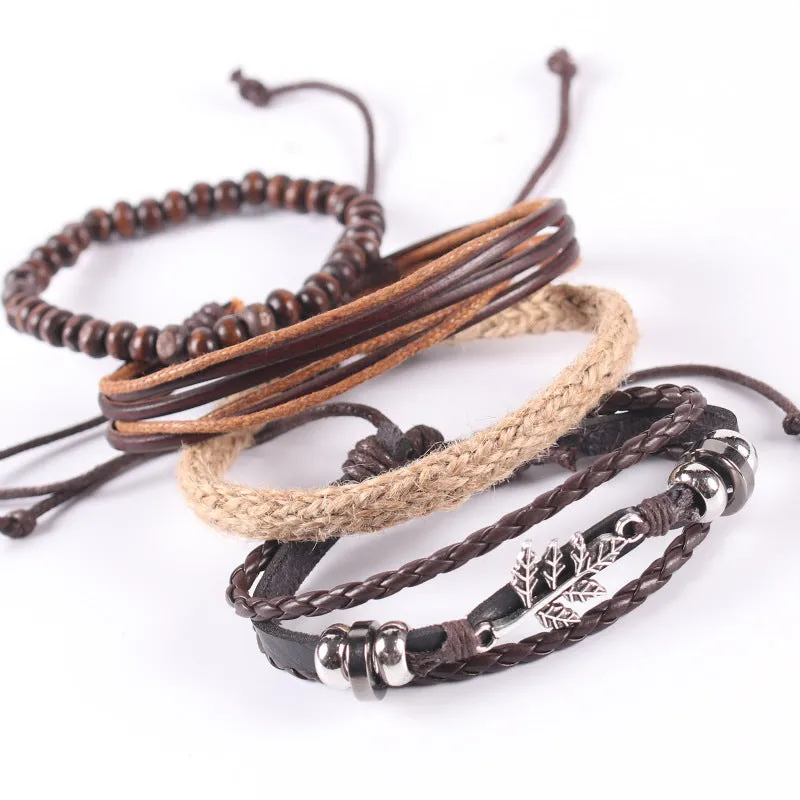 Alloy Maple Leaf Leather Bracelet Multi-layer Ethnic Style Retro Hemp Rope Hand-knitted Accessory