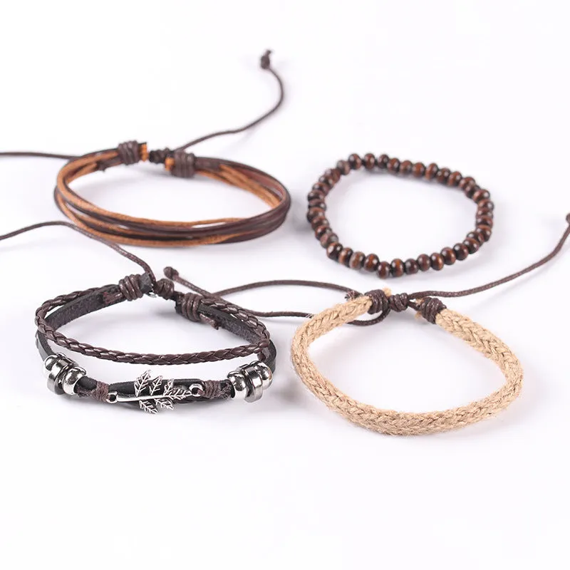 Alloy Maple Leaf Leather Bracelet Multi-layer Ethnic Style Retro Hemp Rope Hand-knitted Accessory