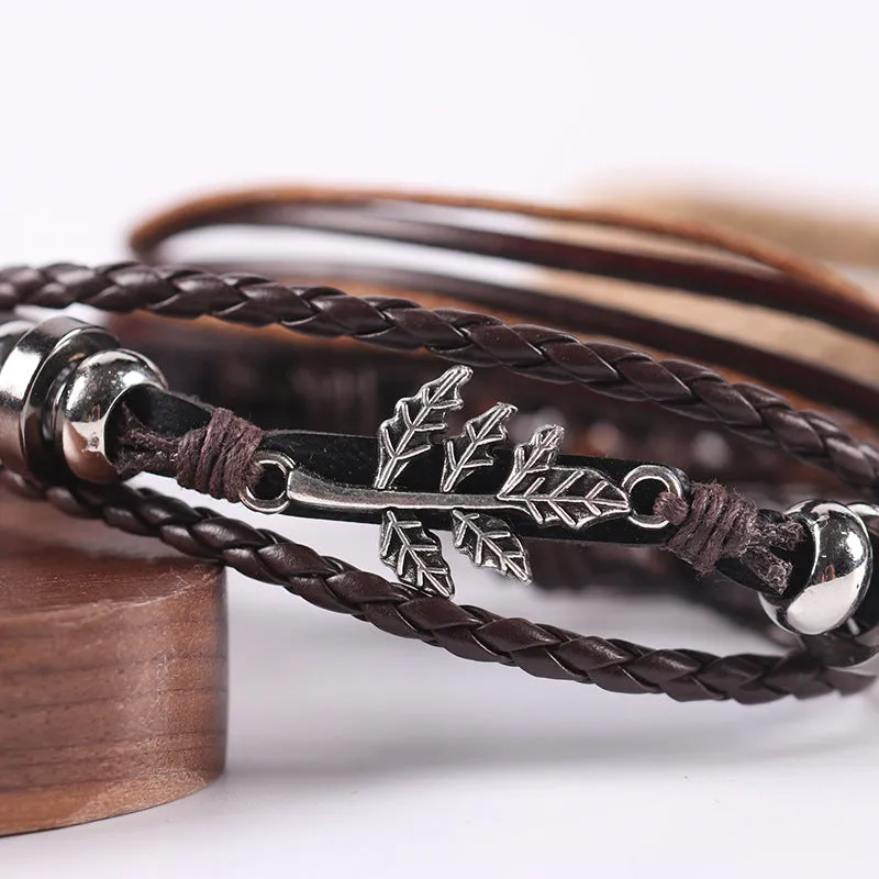 Alloy Maple Leaf Leather Bracelet Multi-layer Ethnic Style Retro Hemp Rope Hand-knitted Accessory