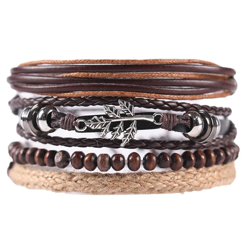 Alloy Maple Leaf Leather Bracelet Multi-layer Ethnic Style Retro Hemp Rope Hand-knitted Accessory