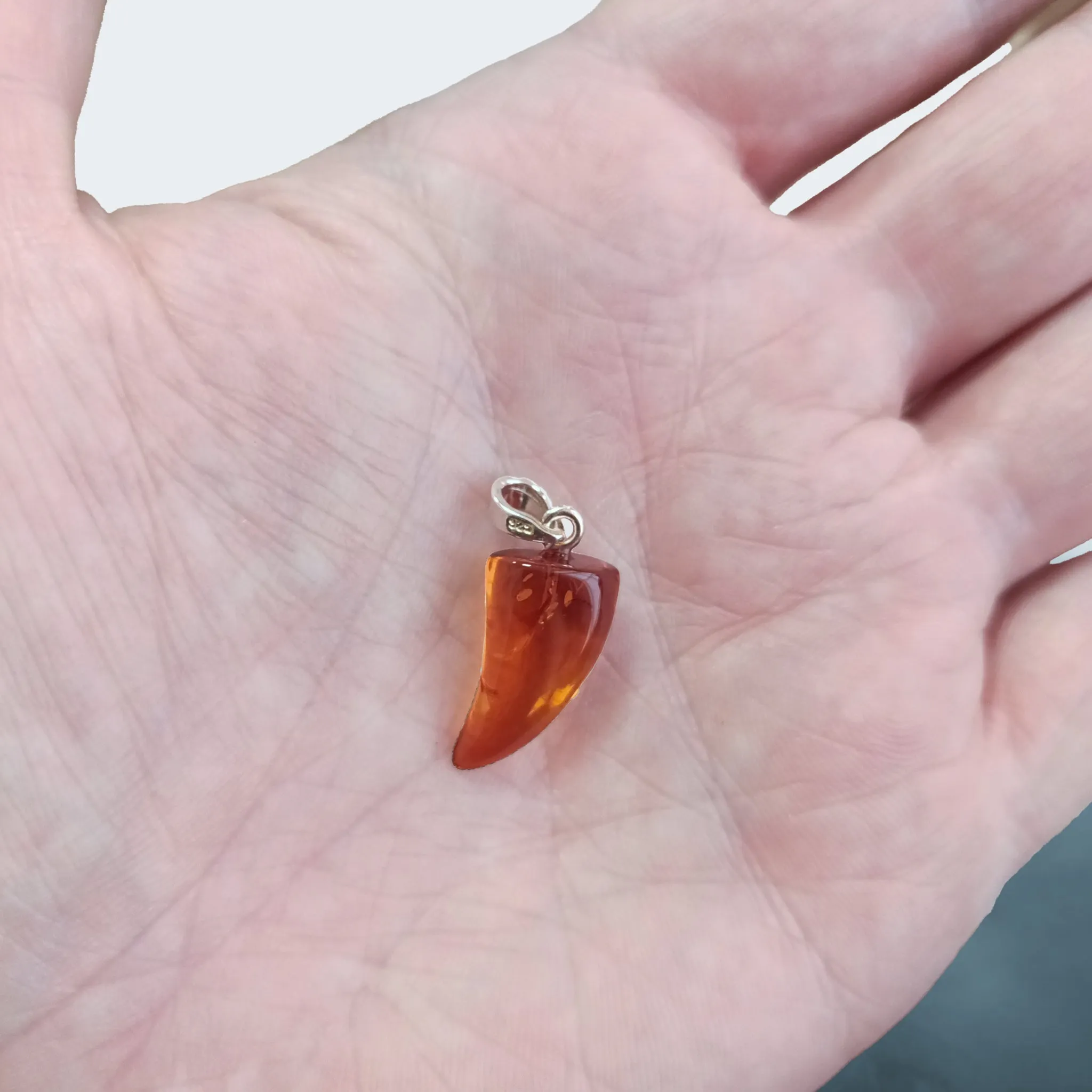 Amber Tooth Pendant with Silver Hanger