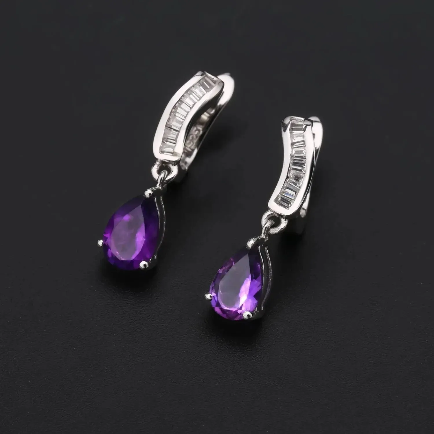 Amethyst Pear Cut Drop Earrings in Sterling Silver