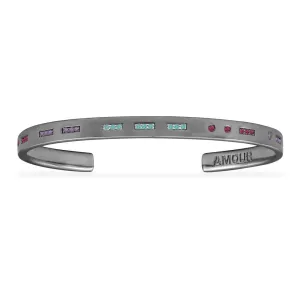 AMOUR Morse Code Open Cuff with Colorful Stones - Dark Grey Silver