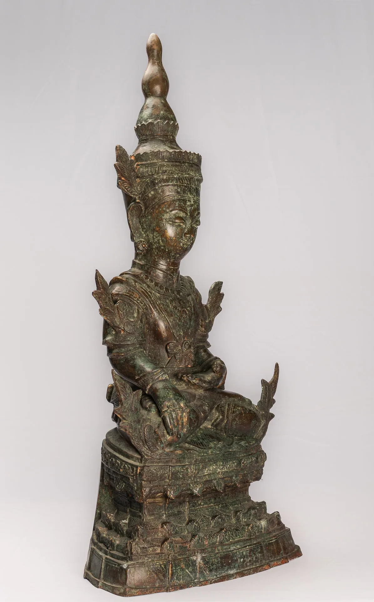 Antique Burmese Style Bronze Shan Enlightenment Seated Buddha Statue - 85cm/34"