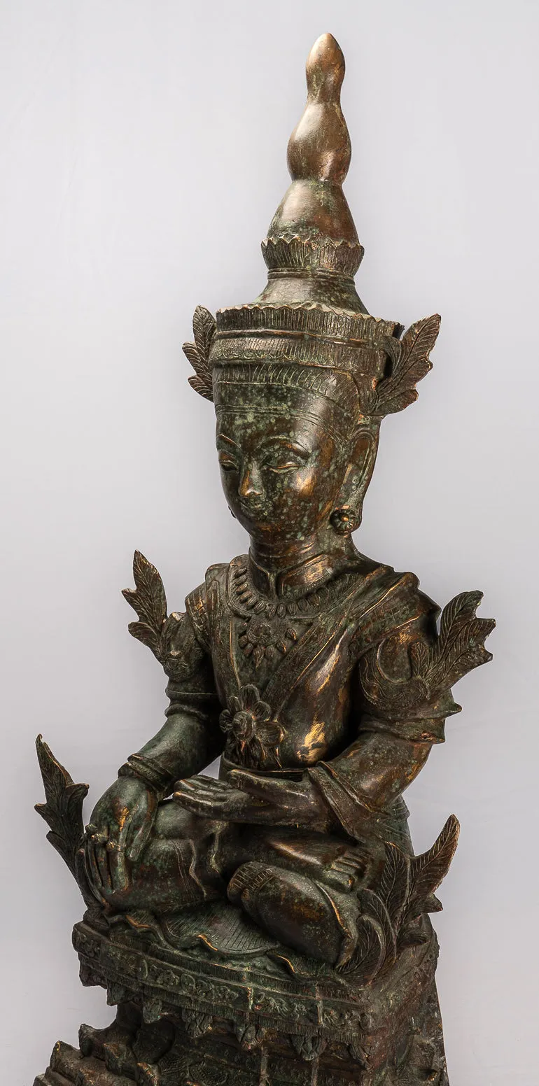 Antique Burmese Style Bronze Shan Enlightenment Seated Buddha Statue - 85cm/34"