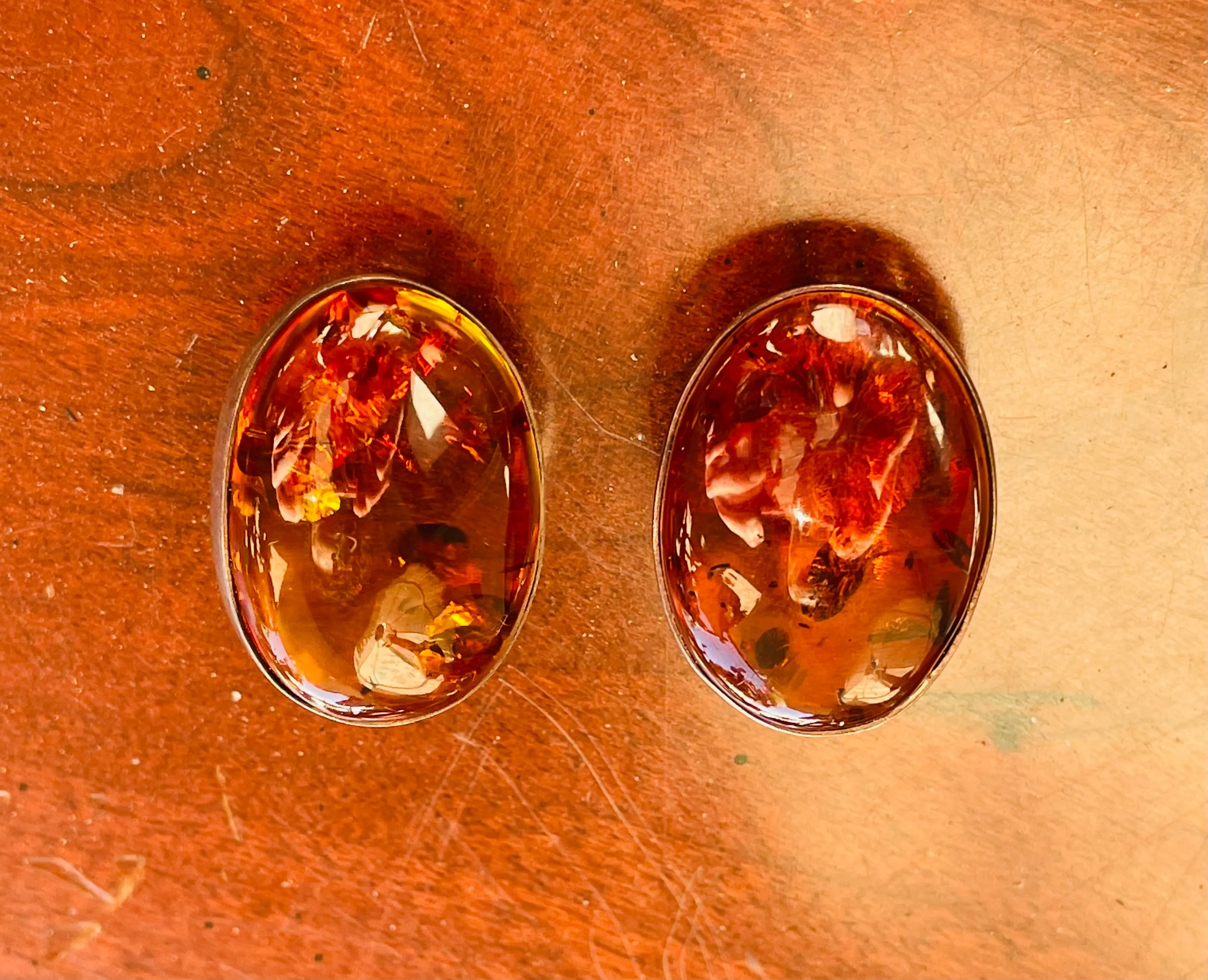 Antique Large Genuine Amber Oval Sterling Silver 925 Post Pierced Earrings