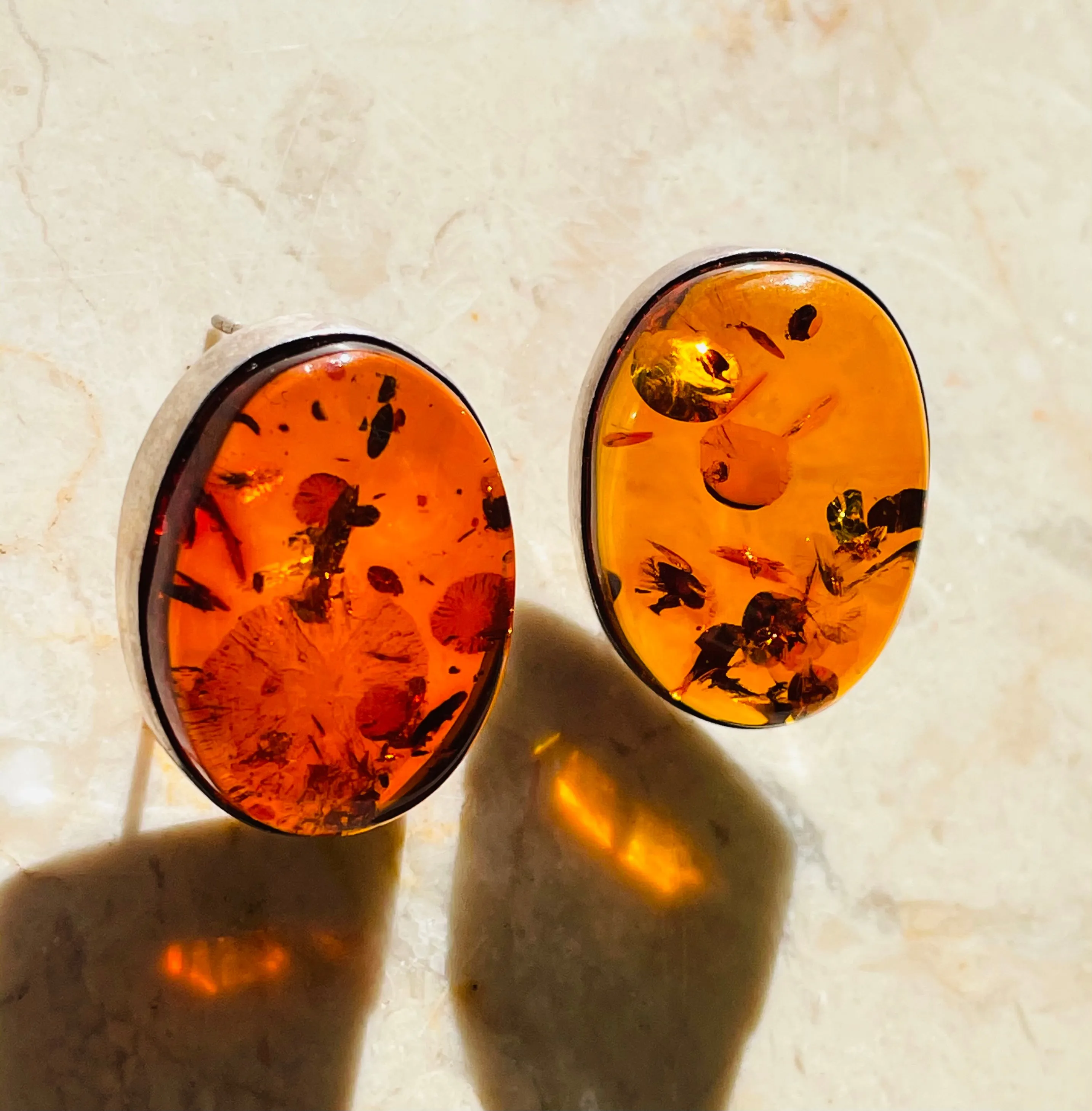 Antique Large Genuine Amber Oval Sterling Silver 925 Post Pierced Earrings