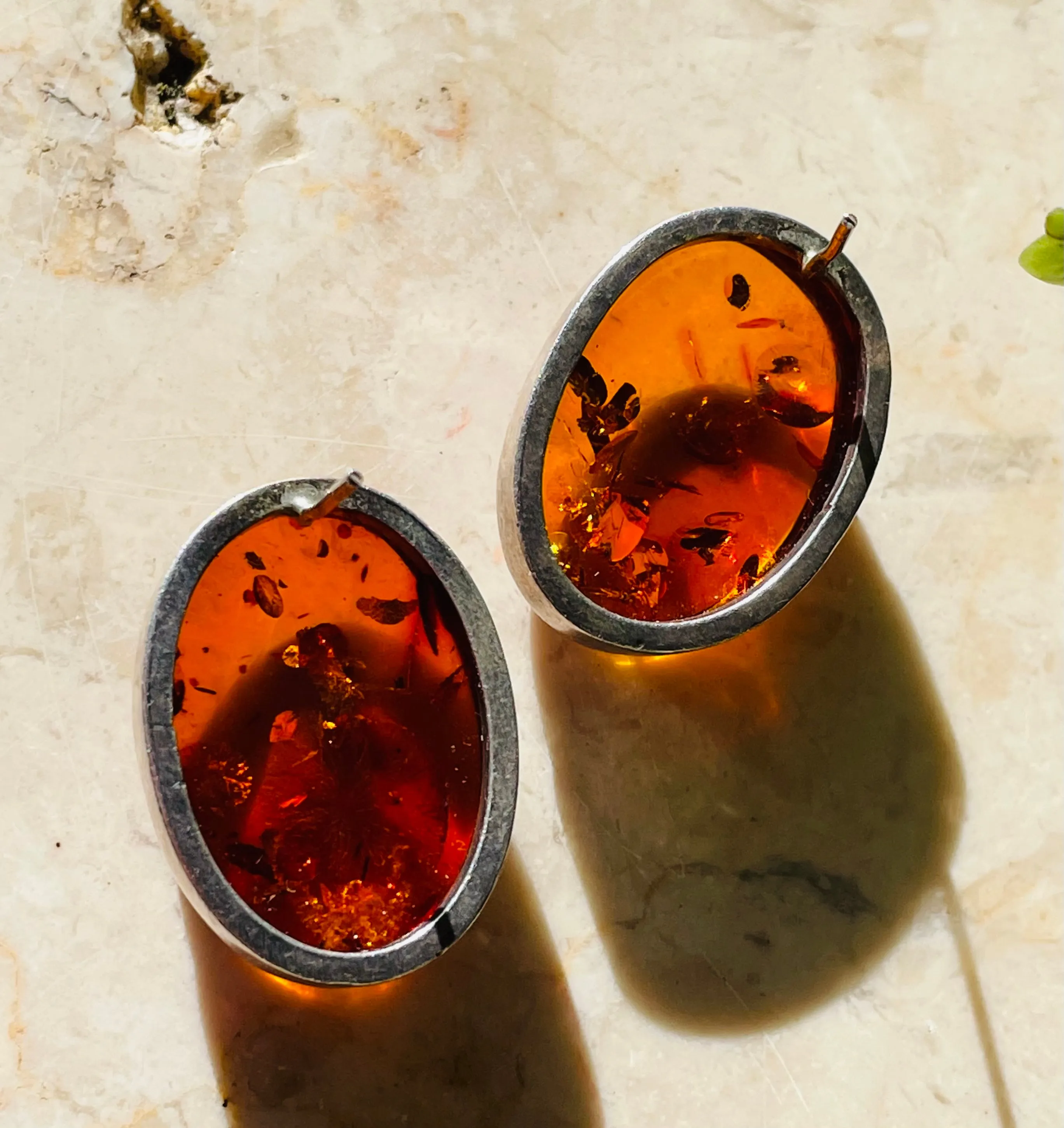 Antique Large Genuine Amber Oval Sterling Silver 925 Post Pierced Earrings