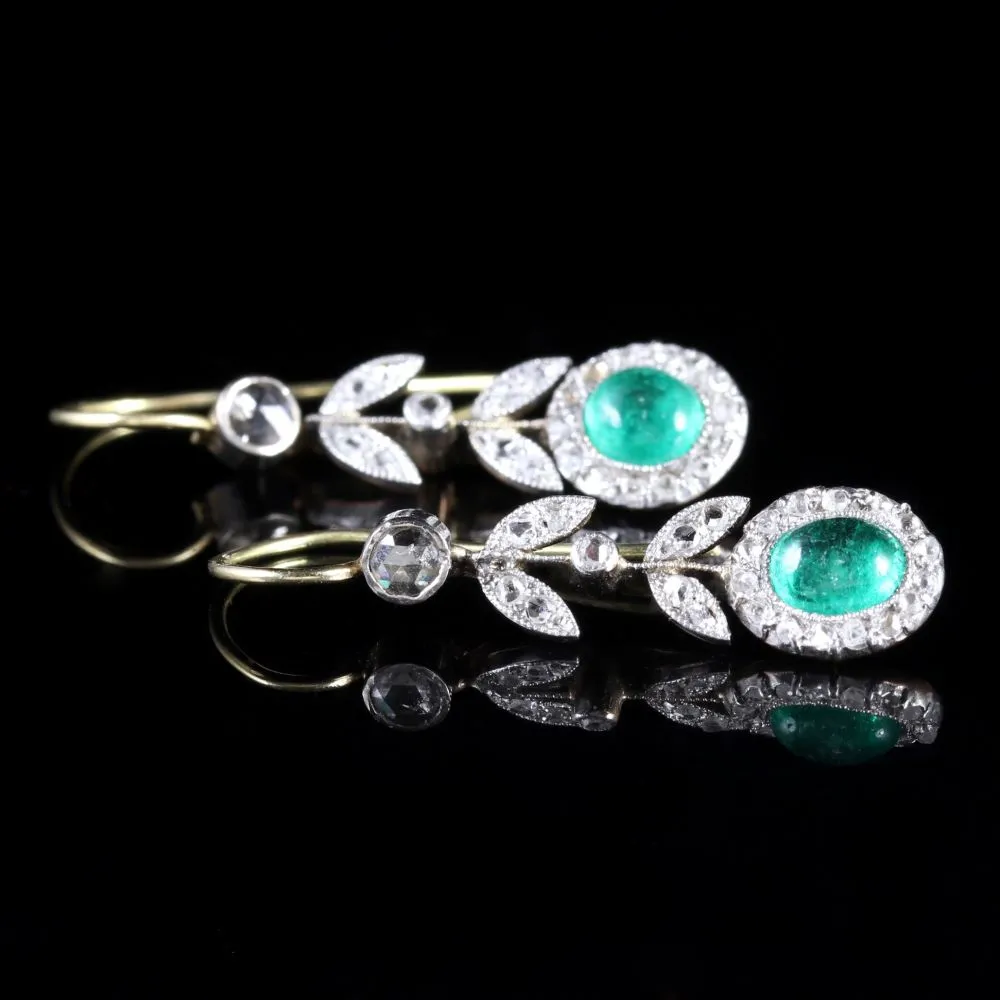 Antique Victorian 18Ct Rose Cut Diamond Cabochon Emerald Dangle Earrings Circa 1900