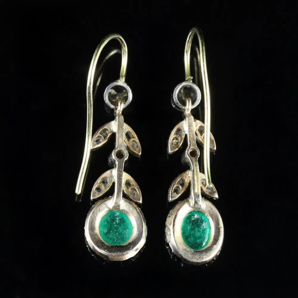 Antique Victorian 18Ct Rose Cut Diamond Cabochon Emerald Dangle Earrings Circa 1900