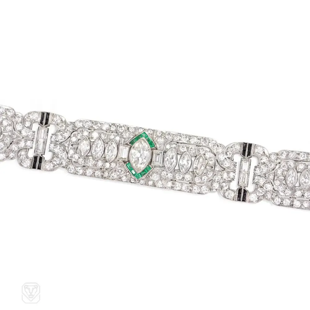 Art Deco diamond bracelet with emerald and onyx accents