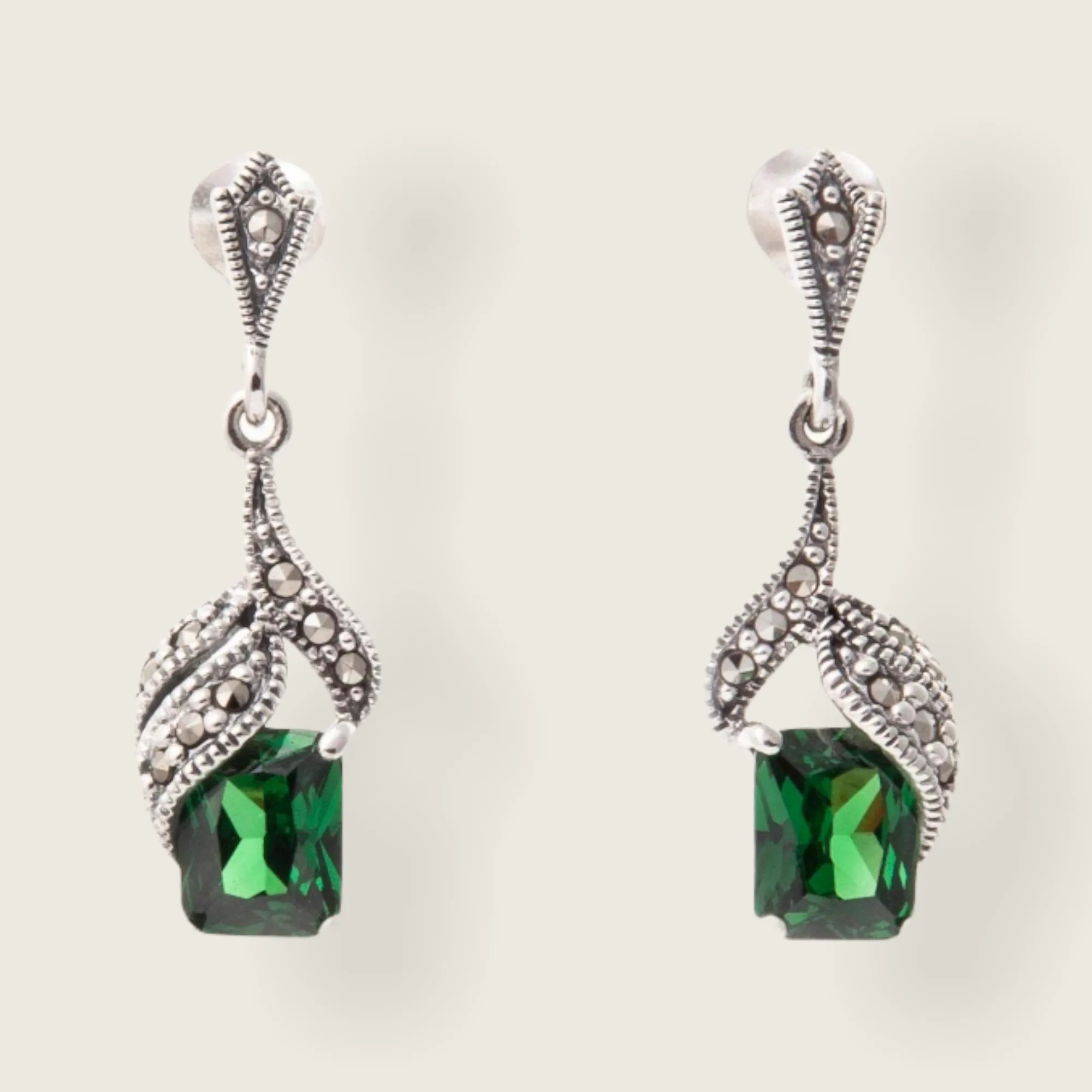 Art Deco Earrings Emerald Green Silver Marcasite  Crystal