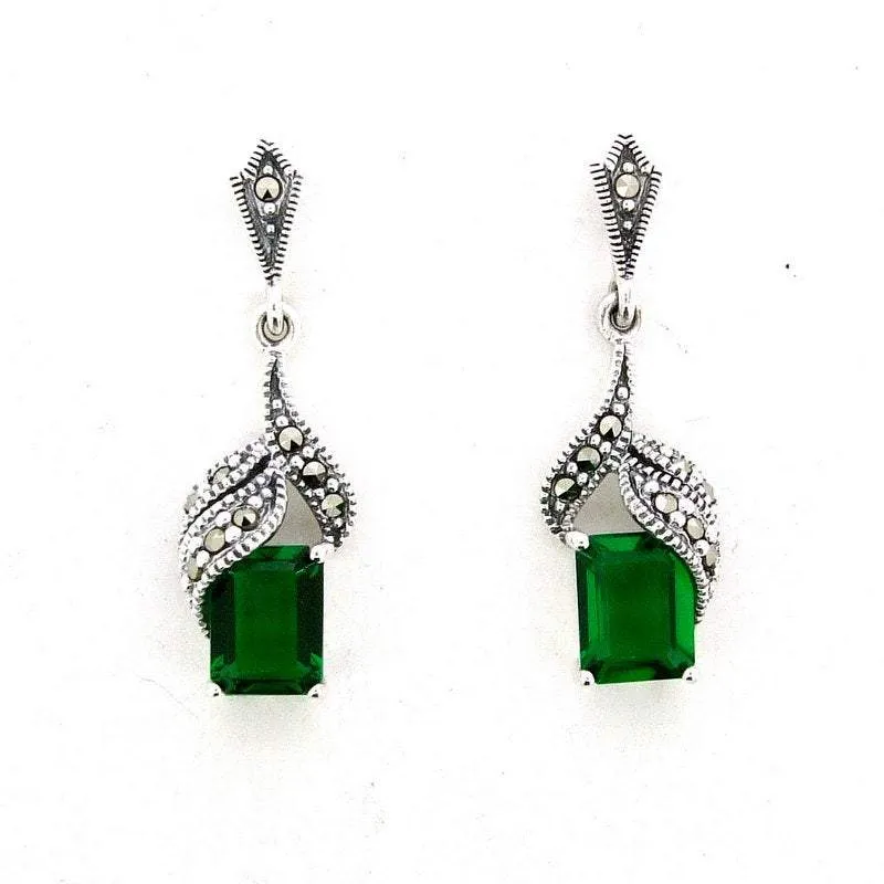 Art Deco Earrings Emerald Green Silver Marcasite  Crystal