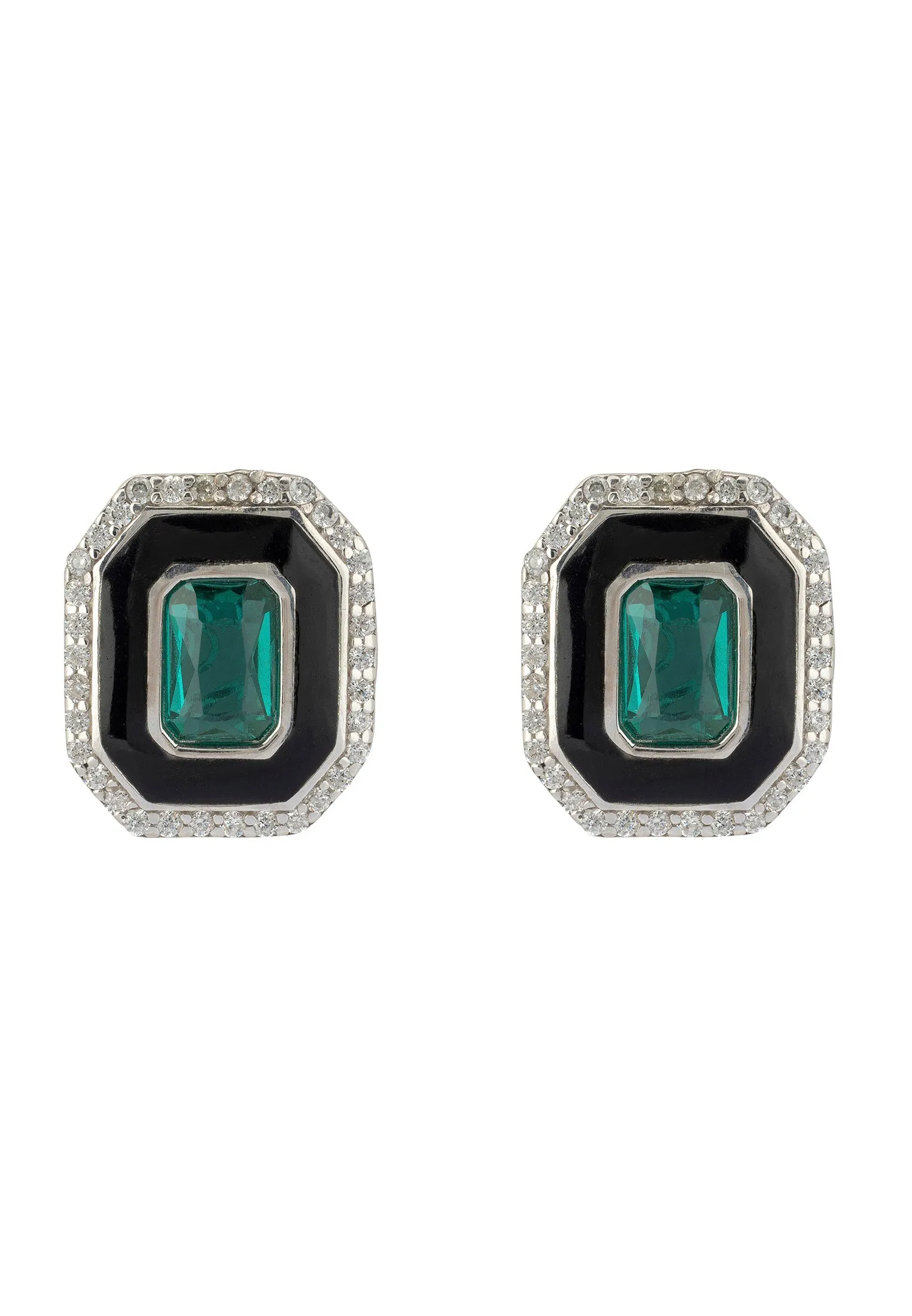 Art Deco Emerald And Enamel Stud Earrings Silver