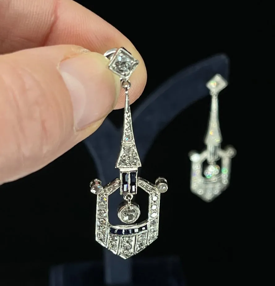 Art Deco Platinum Diamond and Sapphire Earrings