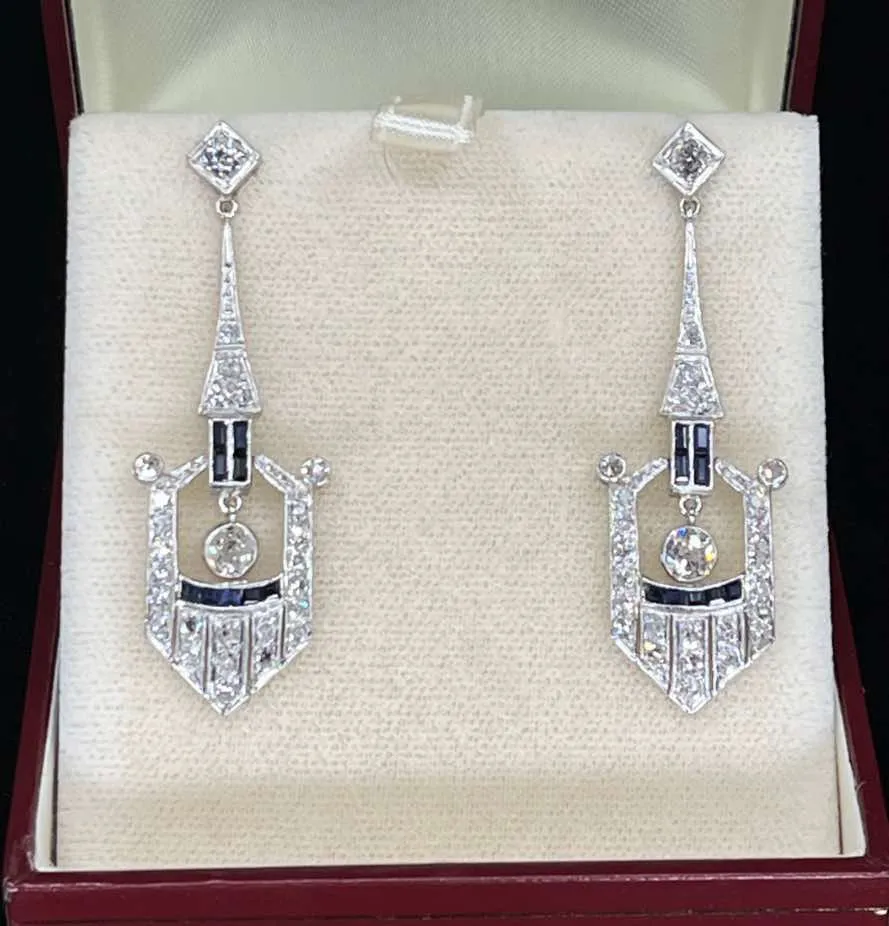 Art Deco Platinum Diamond and Sapphire Earrings