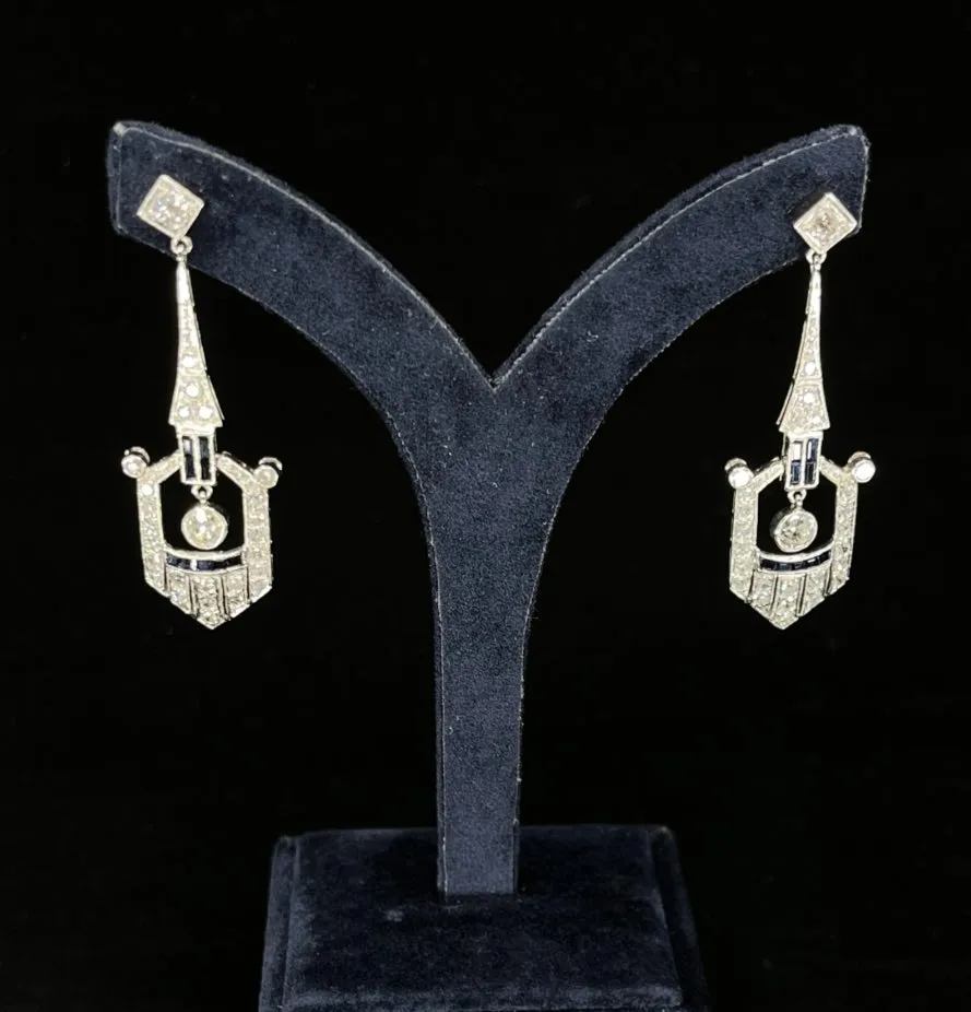 Art Deco Platinum Diamond and Sapphire Earrings