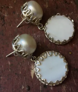 'Aspen Snowdrop' Lustrous Baroque Pearl top Mother of Pearl & 925 Silver drop Statement Drop Earrings