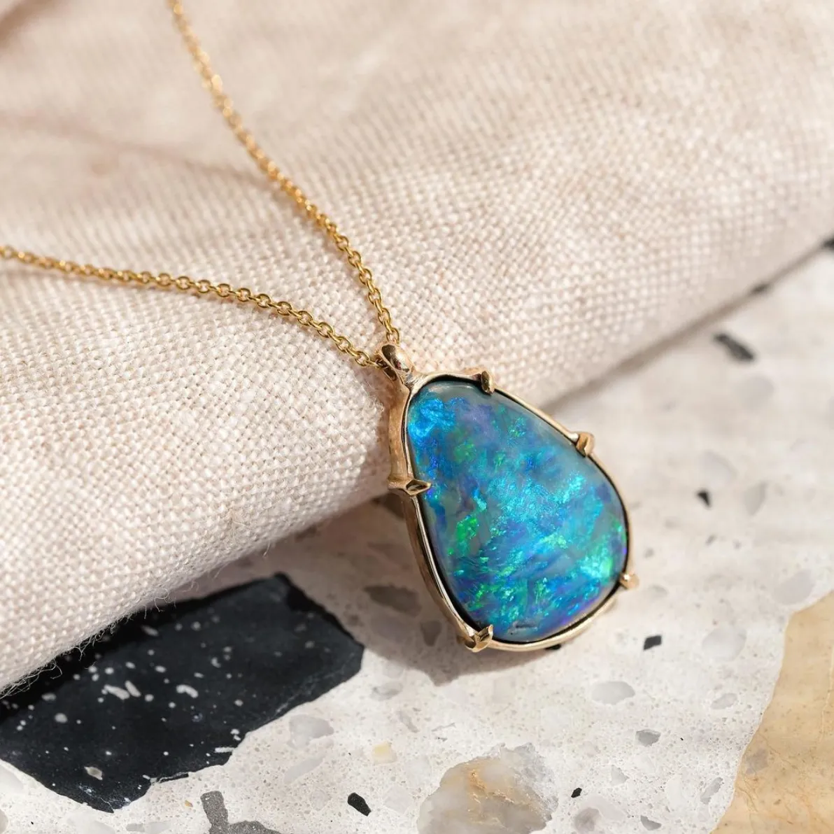 Asymmetric Necklace, Blue Black Opal, 9kt Yellow Gold