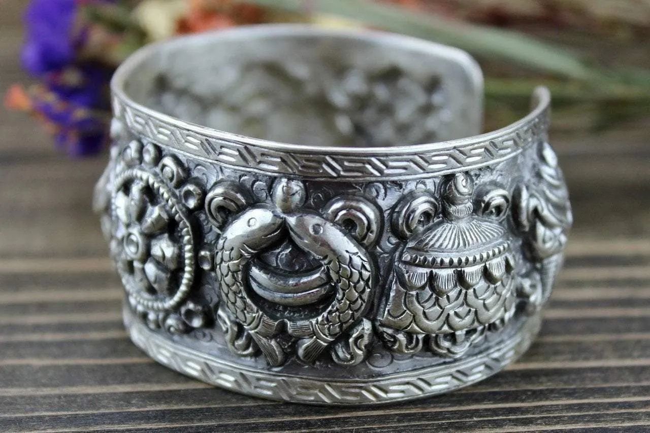 Auspicious Symbols Sterling Silver Cuff Bracelet