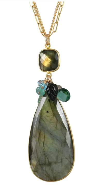 AVF Gold Bezel Labradorite, Blue Topaz, Grandidierite & Quartz Necklace (SI6786)