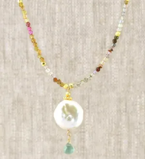 AVF Gold Multi-Colored Tourmaline, White Coin Pearl & Green Quartz Necklace (SI6769)