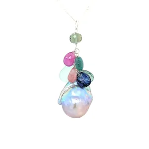 AVF Silver Freeform Pearl w/ Kyanite, Pink Sapphire, Tourmaline, Green Quartz & Green Amethyst Cluster Necklace (SI3727)