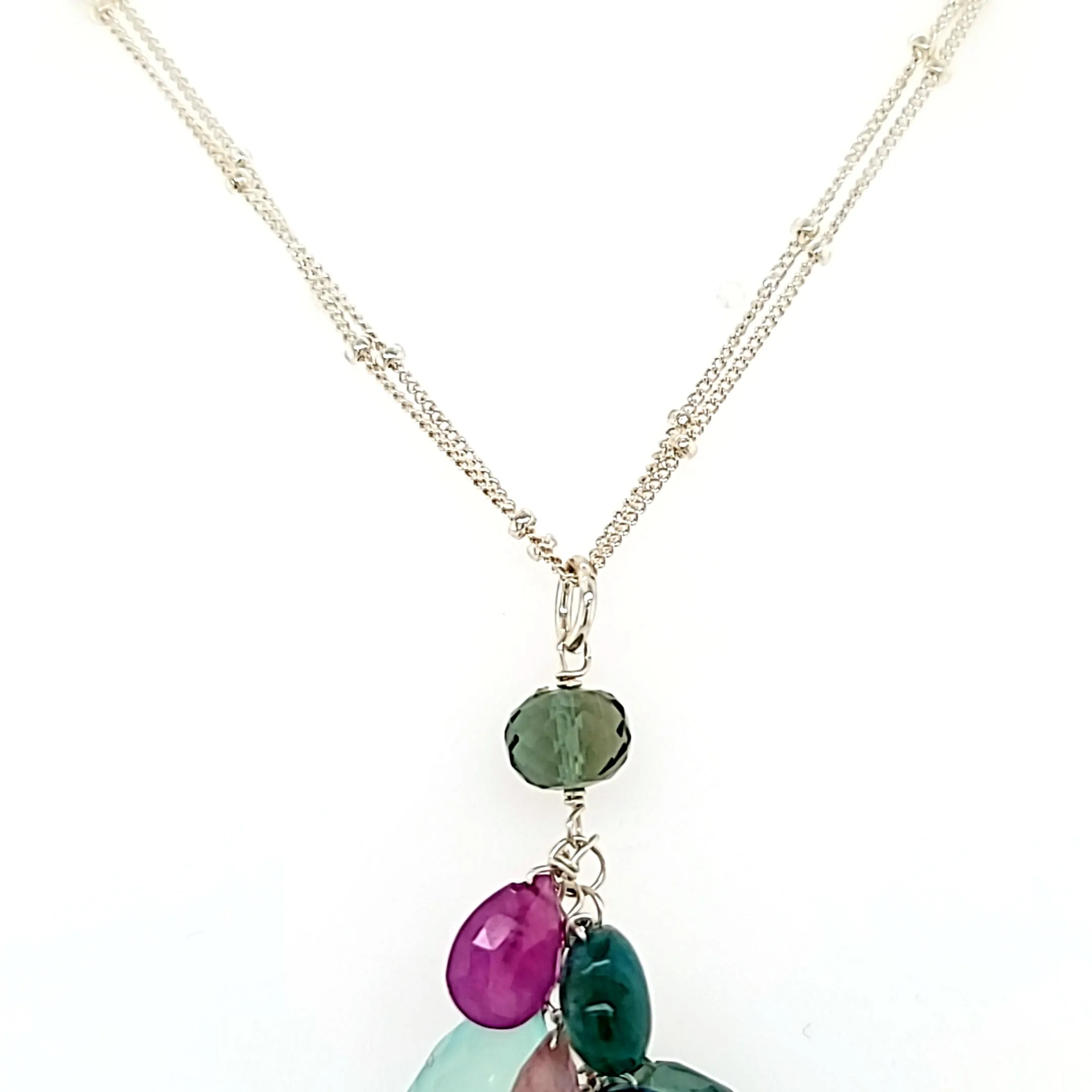 AVF Silver Freeform Pearl w/ Kyanite, Pink Sapphire, Tourmaline, Green Quartz & Green Amethyst Cluster Necklace (SI3727)