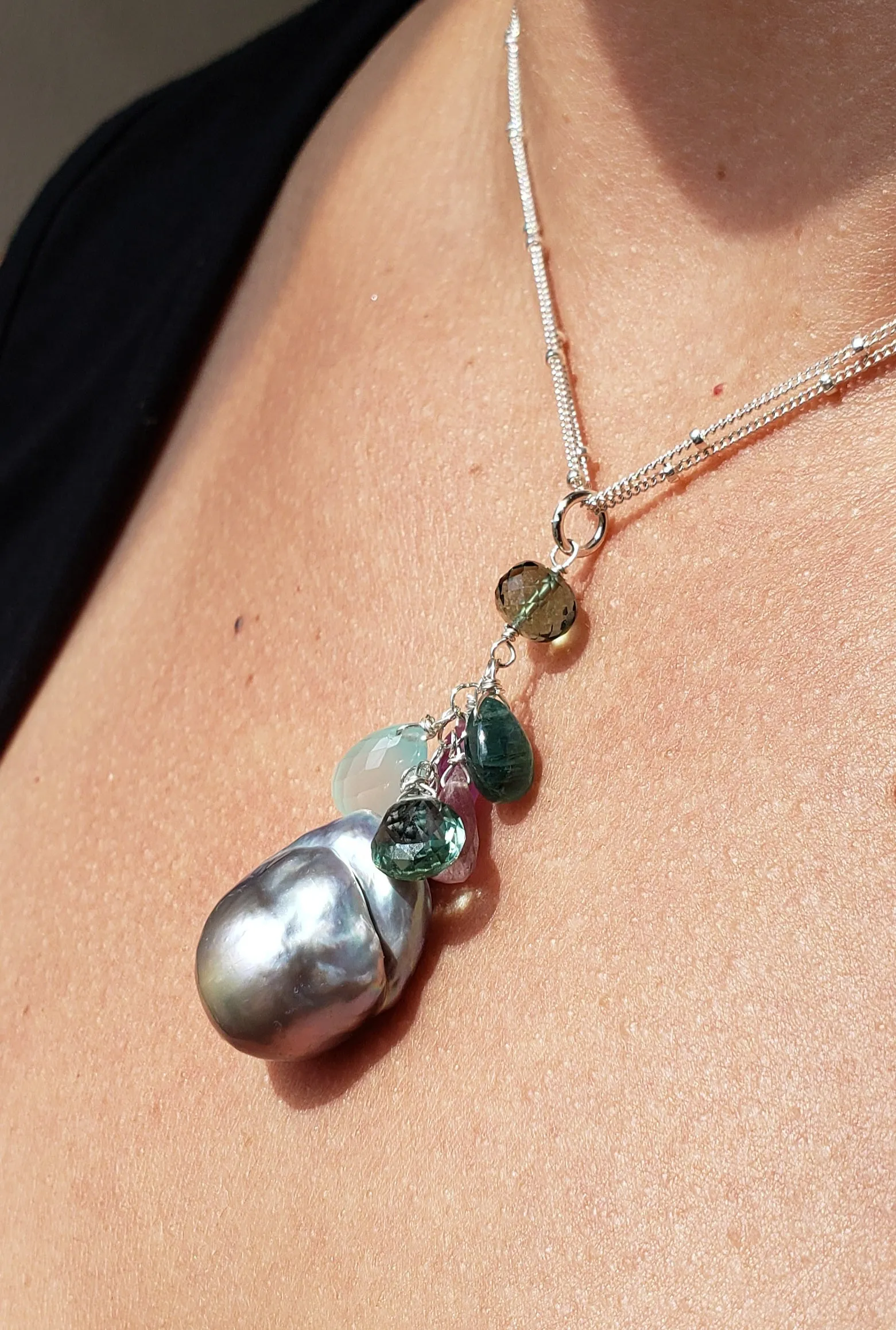 AVF Silver Freeform Pearl w/ Kyanite, Pink Sapphire, Tourmaline, Green Quartz & Green Amethyst Cluster Necklace (SI3727)