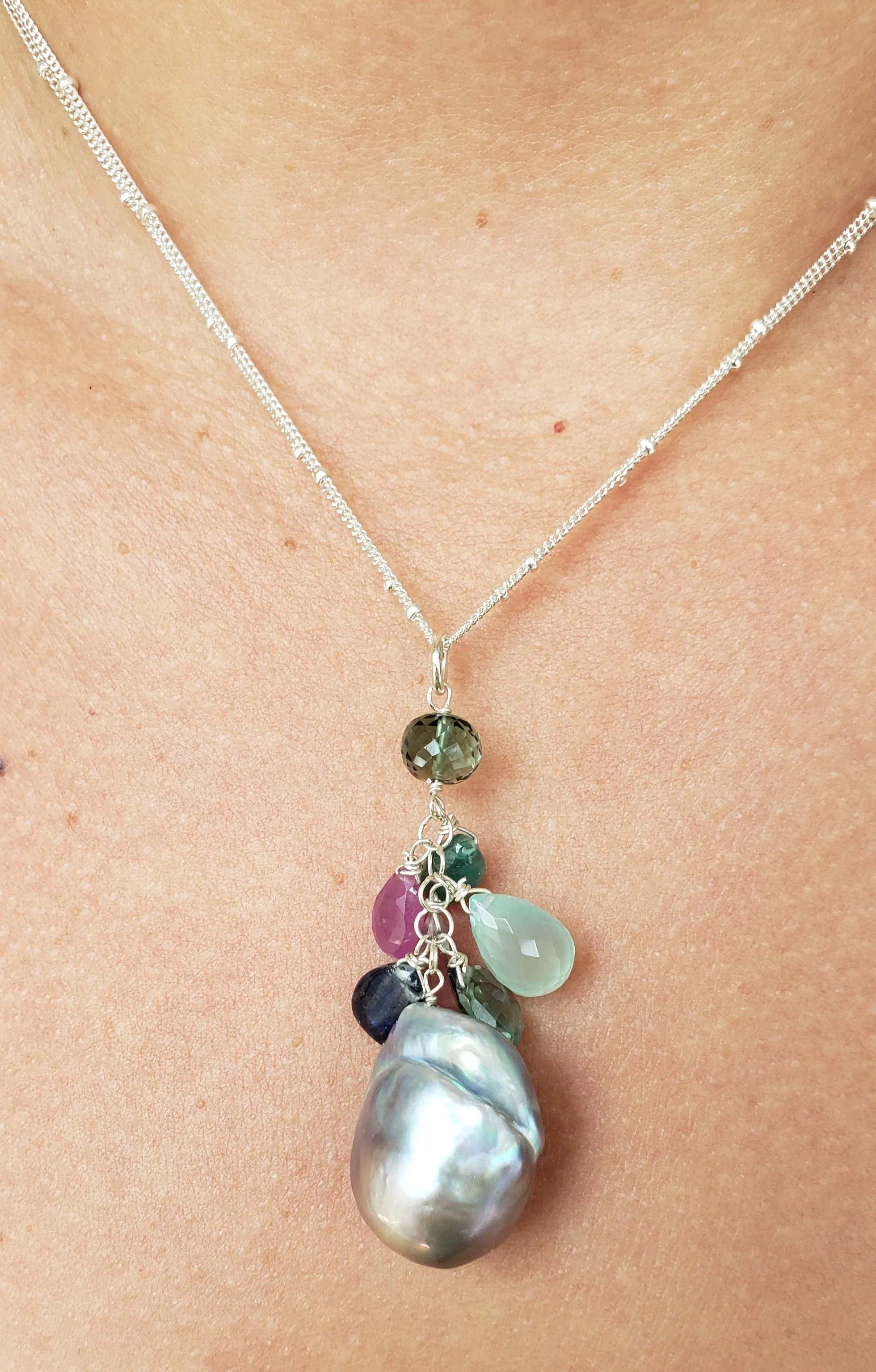 AVF Silver Freeform Pearl w/ Kyanite, Pink Sapphire, Tourmaline, Green Quartz & Green Amethyst Cluster Necklace (SI3727)