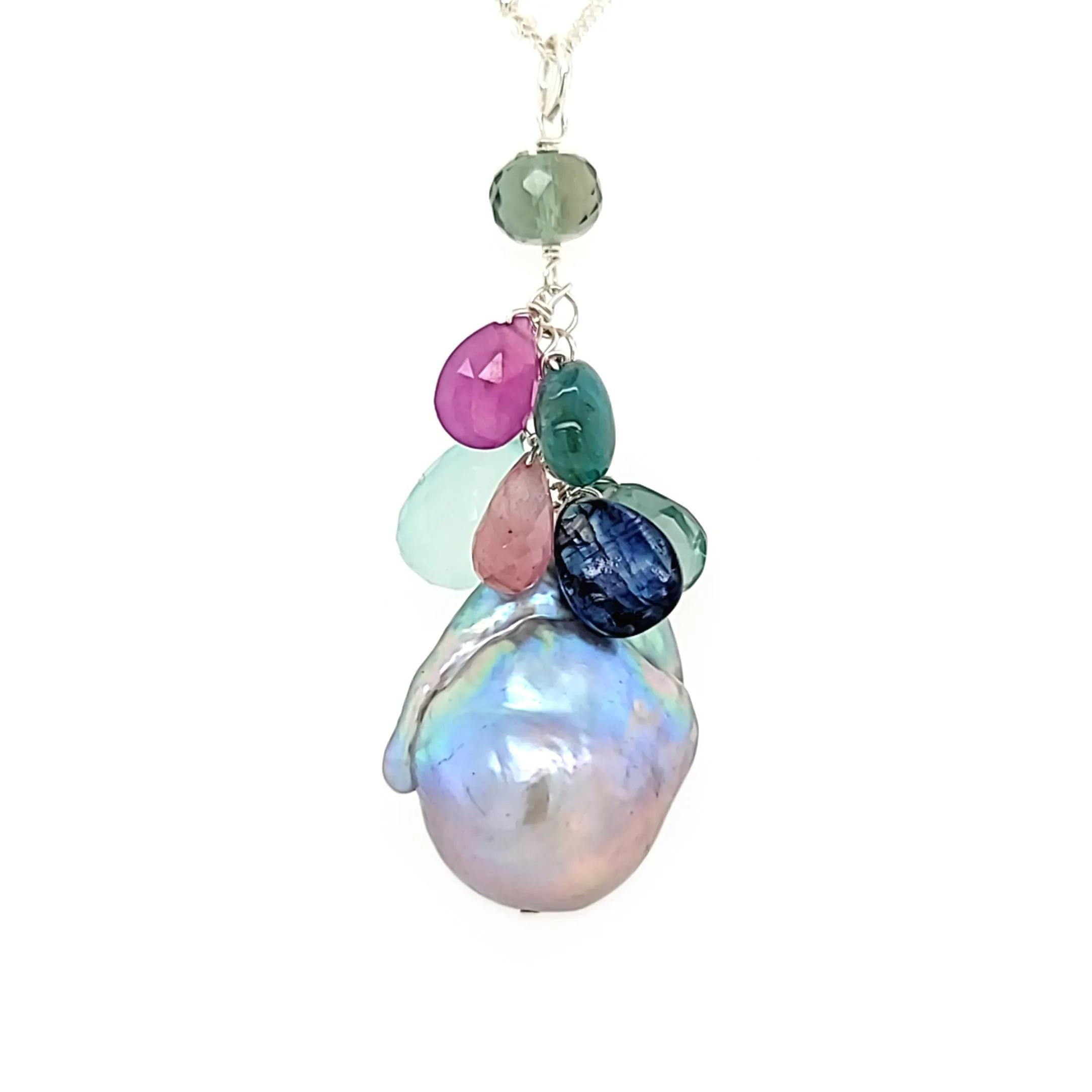 AVF Silver Freeform Pearl w/ Kyanite, Pink Sapphire, Tourmaline, Green Quartz & Green Amethyst Cluster Necklace (SI3727)