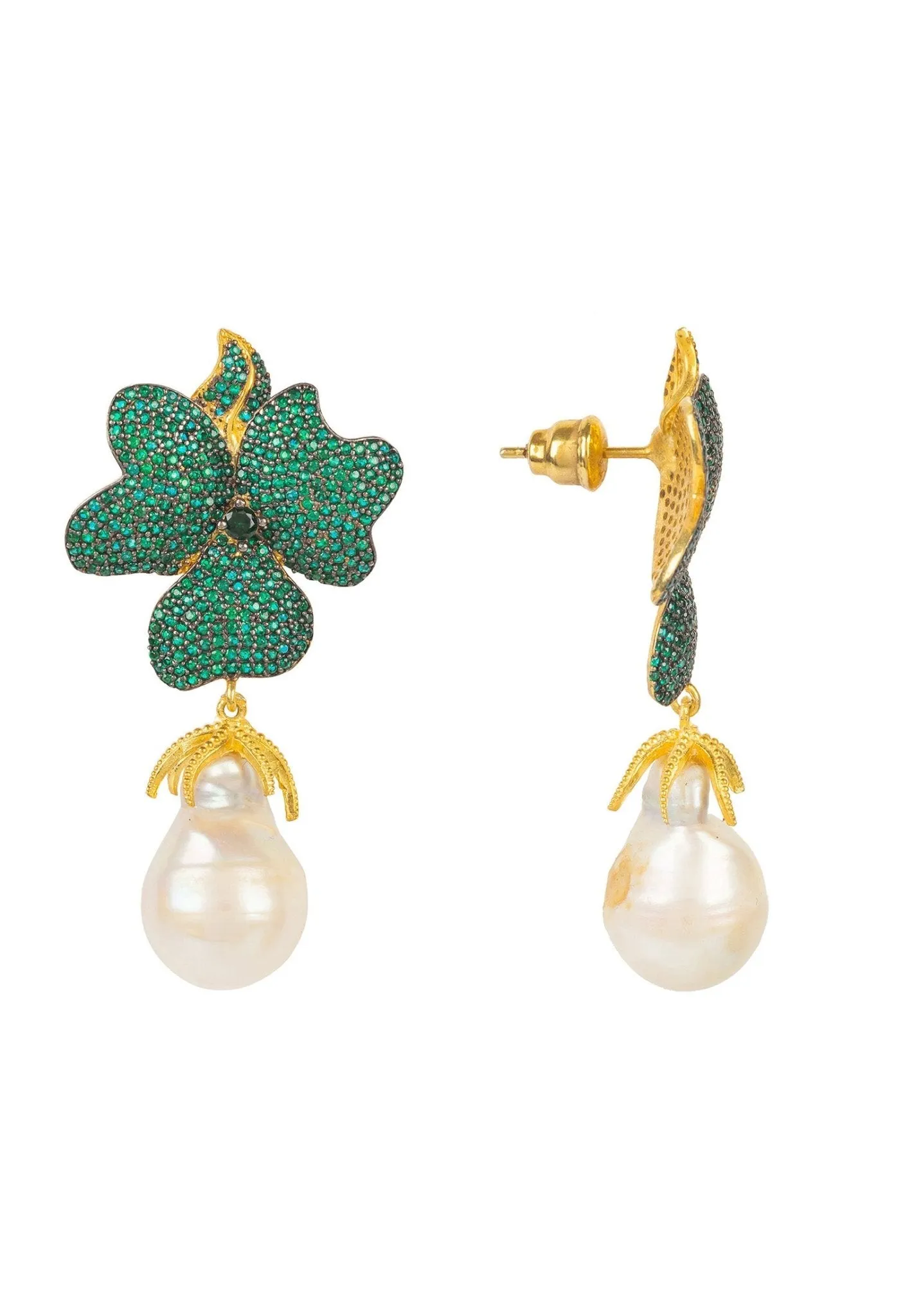 Baroque Pearl Emerald Green Flower Drop Earrings Gold