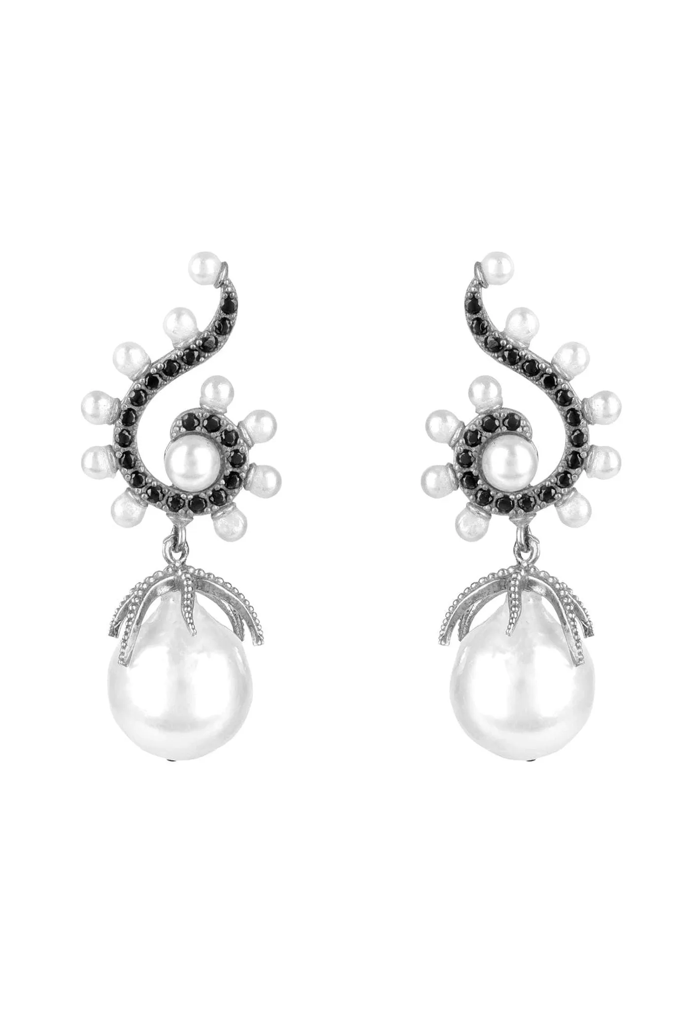 Baroque Pearl Poseidon Gemstone Drop Earrings Black Silver