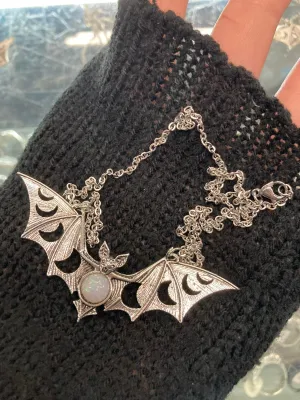 Bat Necklace w/ Moon Phase and Opal Gem