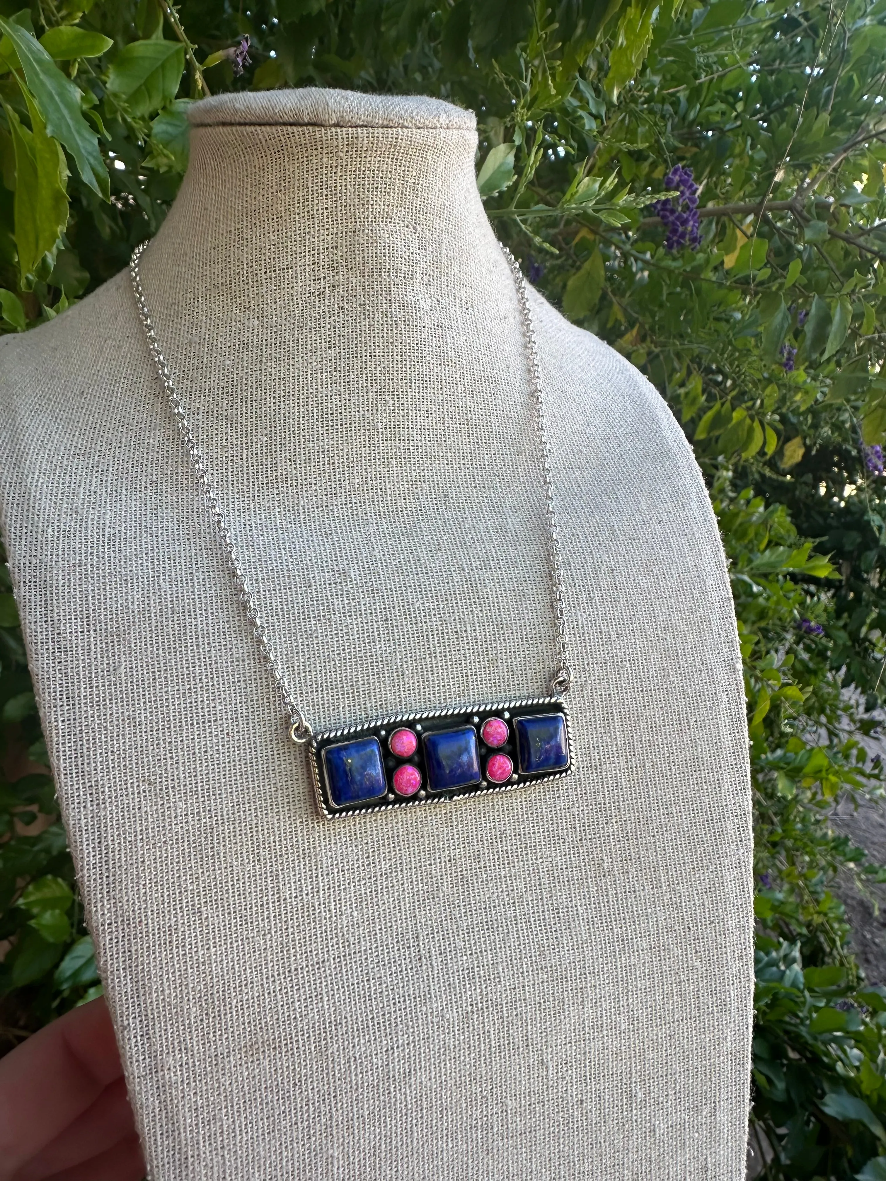 Beautiful Handmade Sterling Silver, Lapis & Hot Pink Fire Opal Bar Necklace