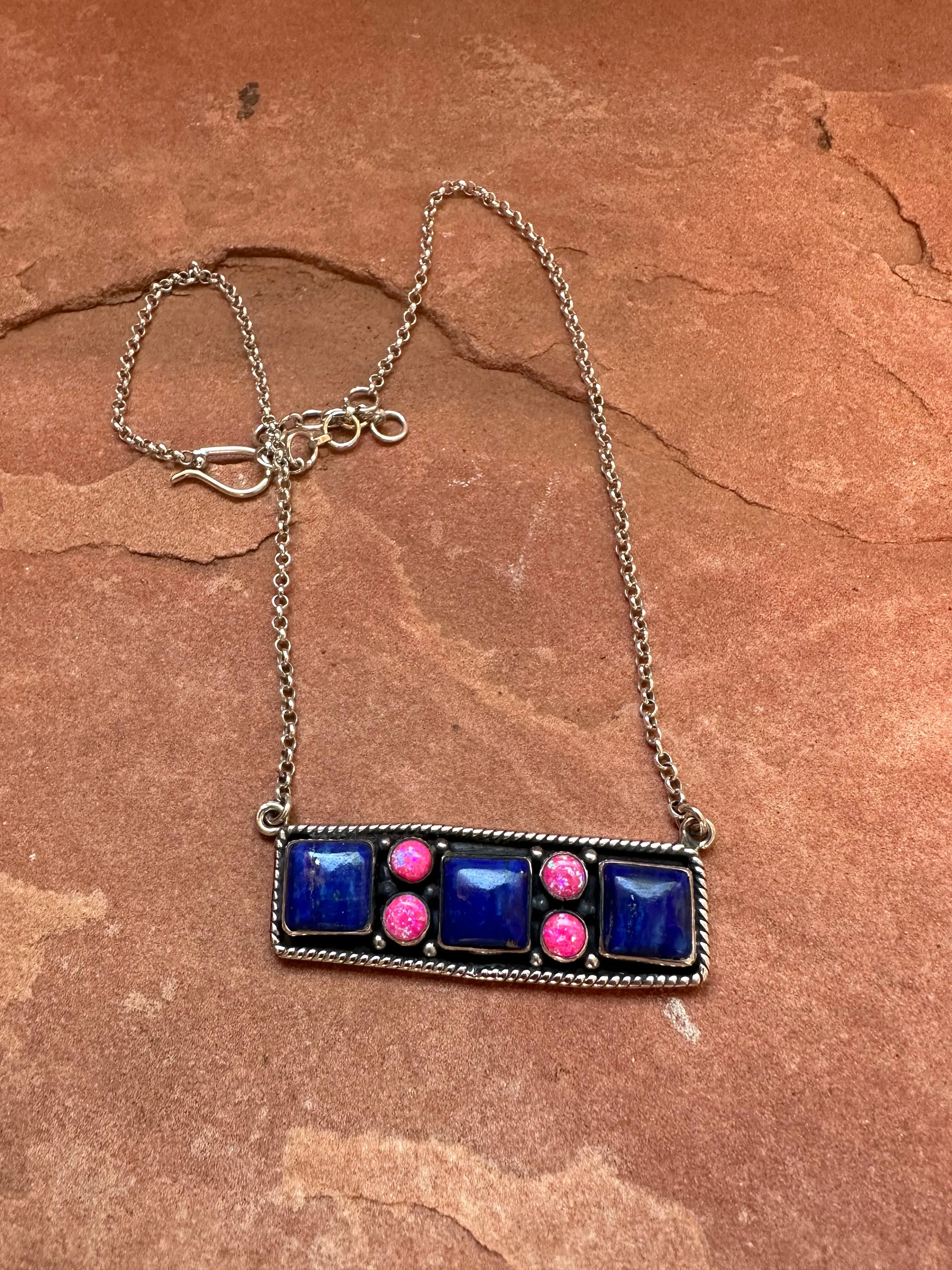 Beautiful Handmade Sterling Silver, Lapis & Hot Pink Fire Opal Bar Necklace