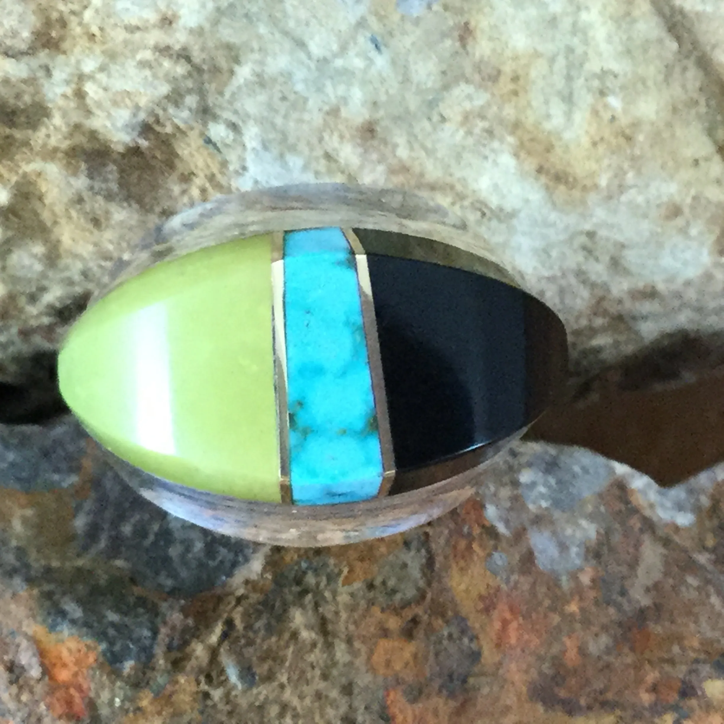 Black Jade, Turquoise & Lemon Quartz Inlaid Sterling Silver Ring by Duane Maktima