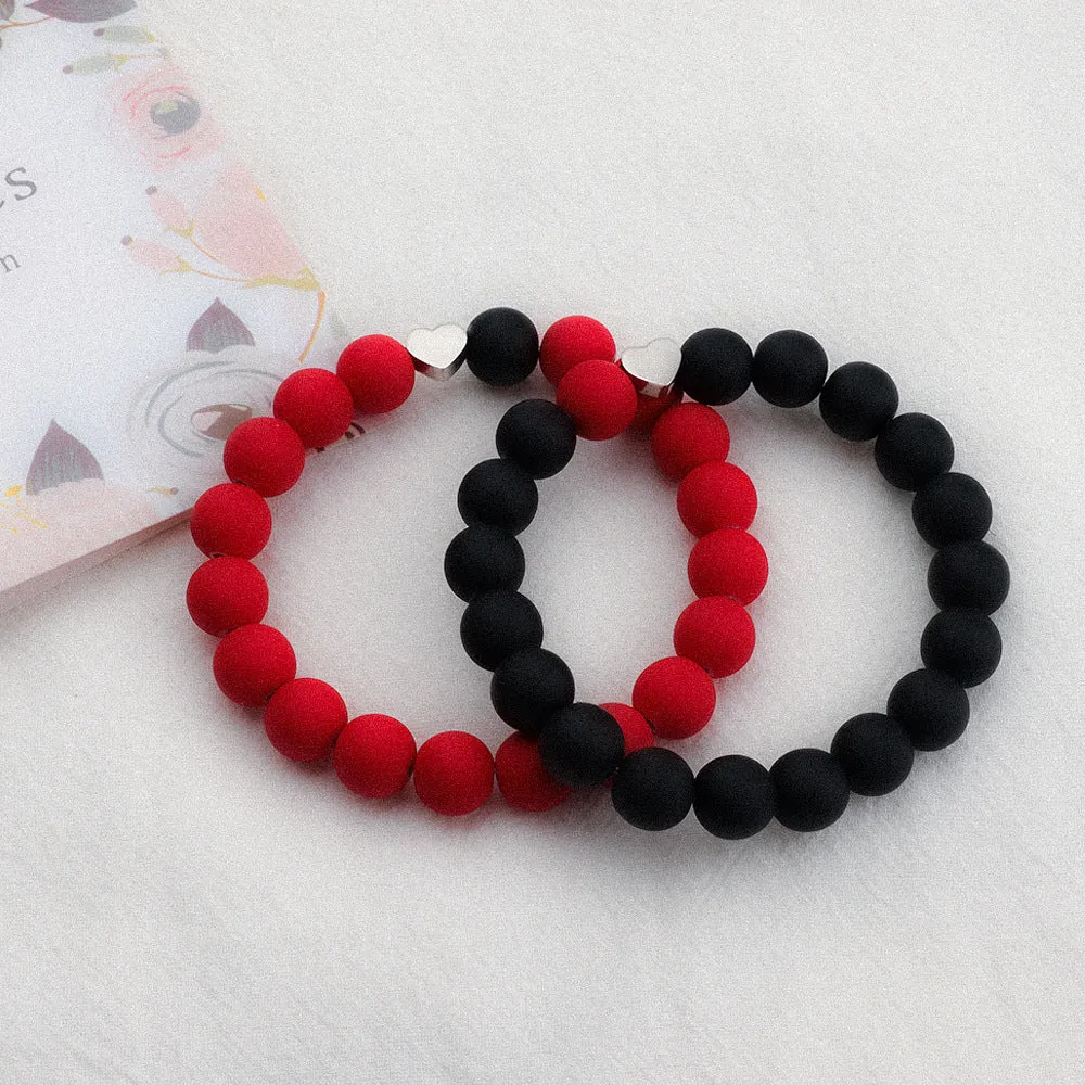 Black Red Bead String Elastic Titanium Steel Heart Shape Charm Hole Bead Bracelet