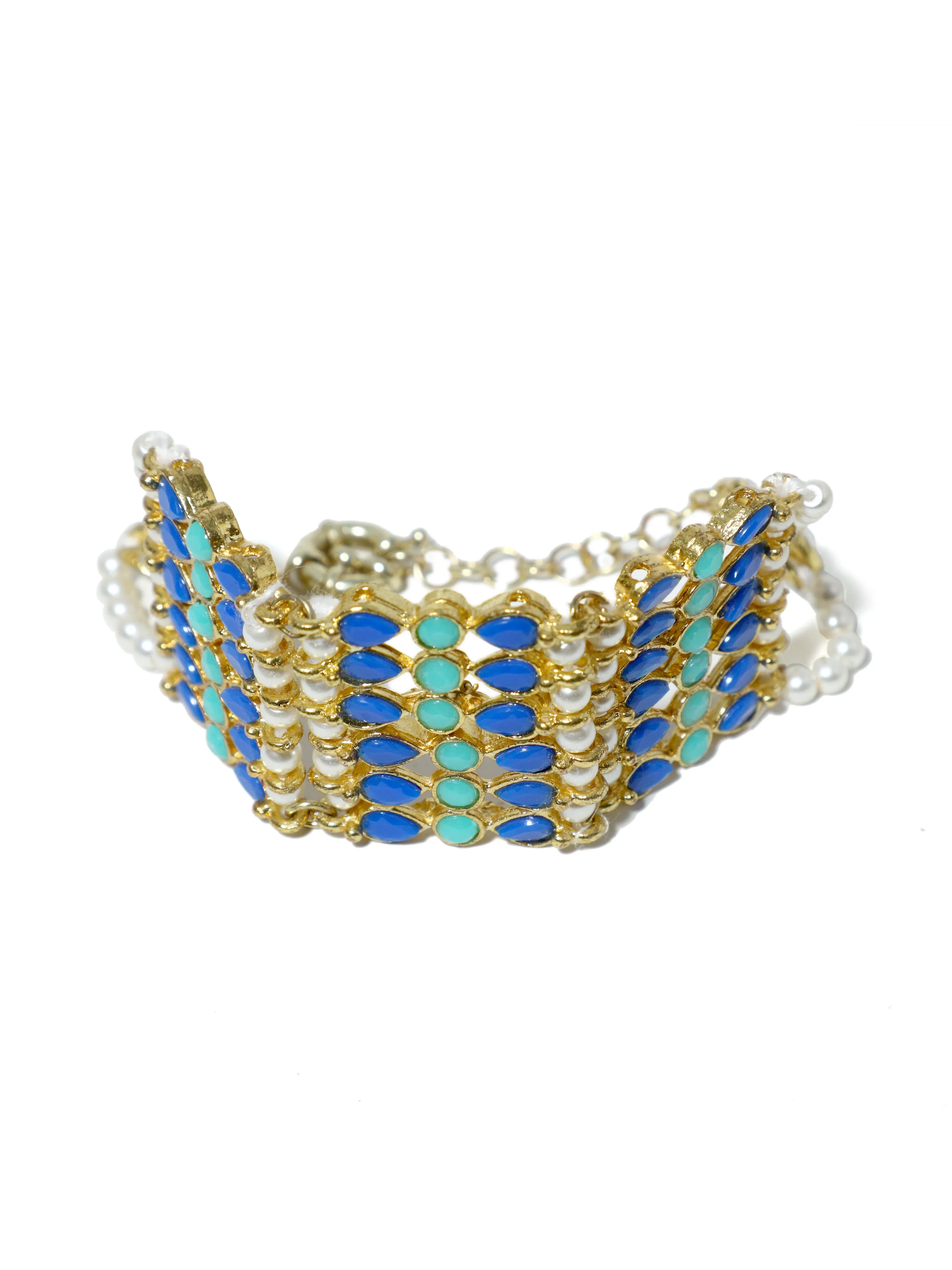 Blue and Mint Green Kundan Studded Handcrafted Bracelet