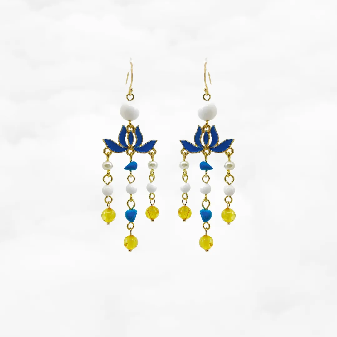 Blue Enamel Lotus Tassel Earrings