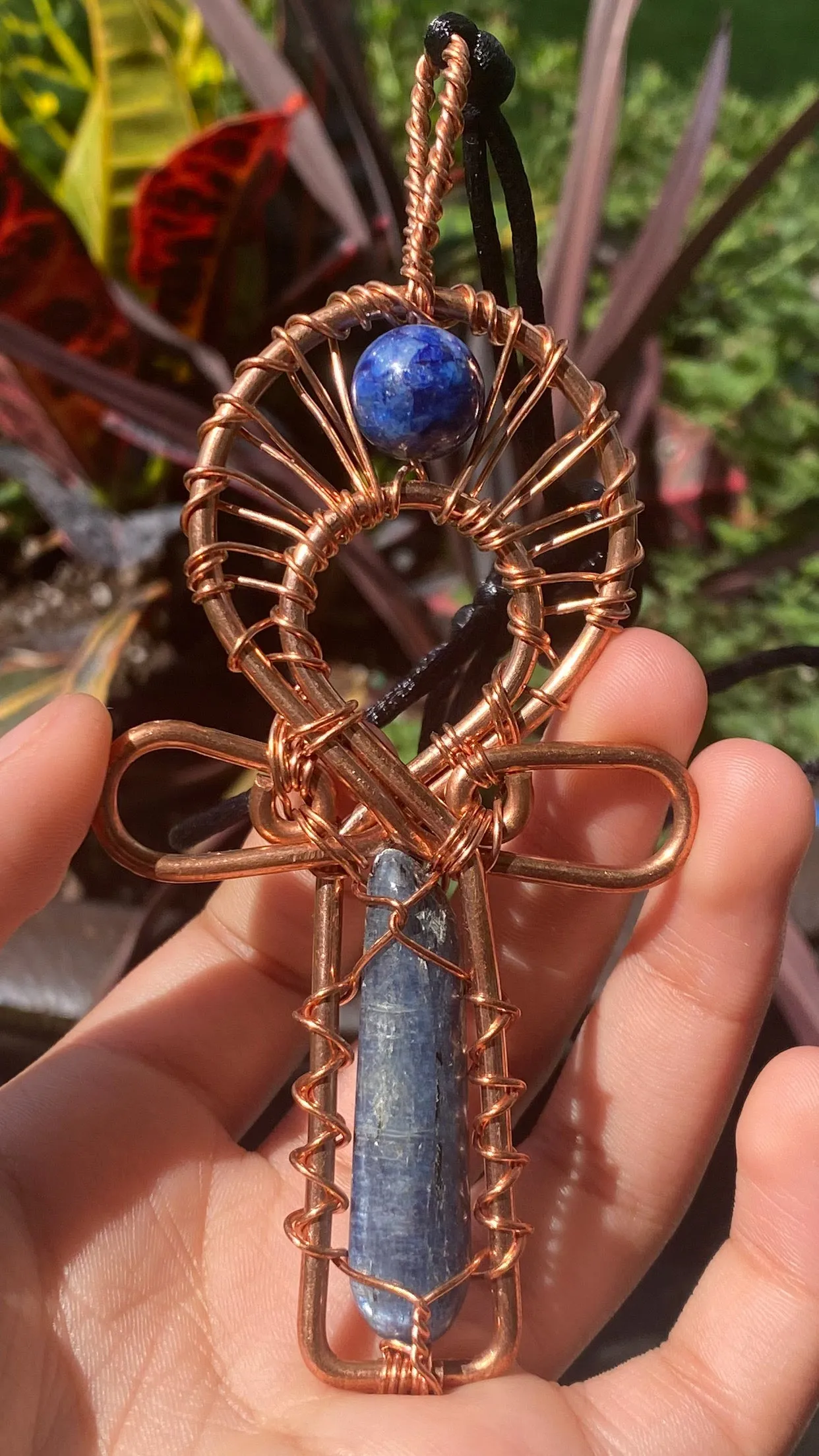 Blue Kyanite and Lapis Lazuli Copper Egyptian Kemetic Coptic Cross  Ankh Wirewrapped Wearable Pendant Necklace