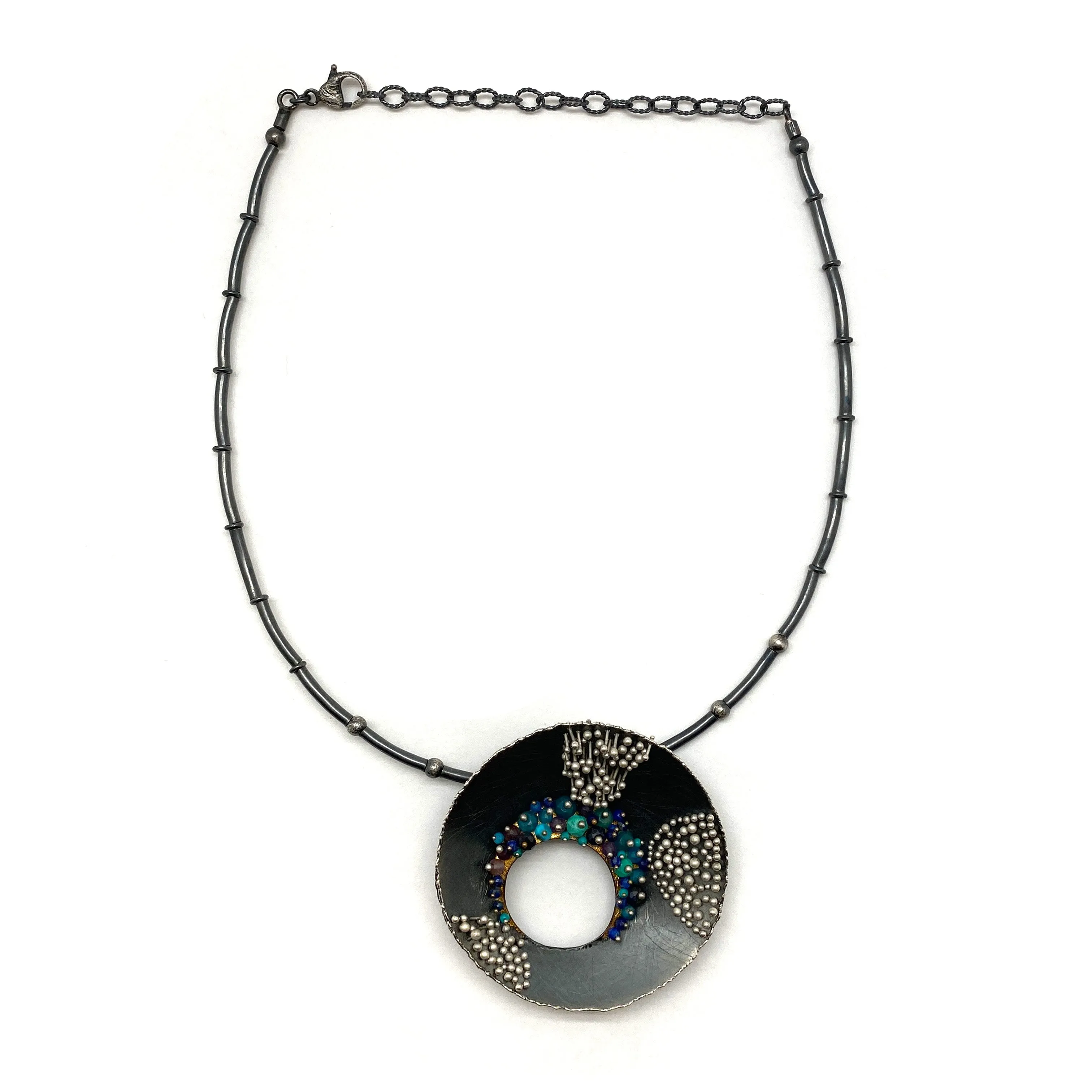 Blue Multi-Bead Silver Concave Necklace