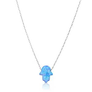 Blue Opal Hamsa Hand Necklace on Sterling Silver Chain