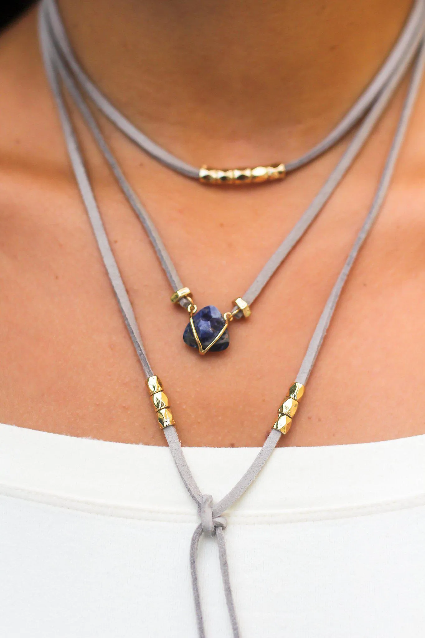 Boho Gray and Gold Choker with Navy Stone